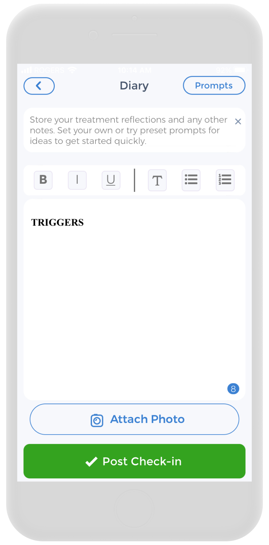 CareClinic trigger diary interface for PTSD tracking