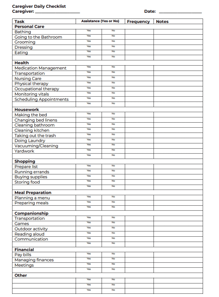 Printable Caregiver Daily Log Sheet, Checklist, Template for Elderly