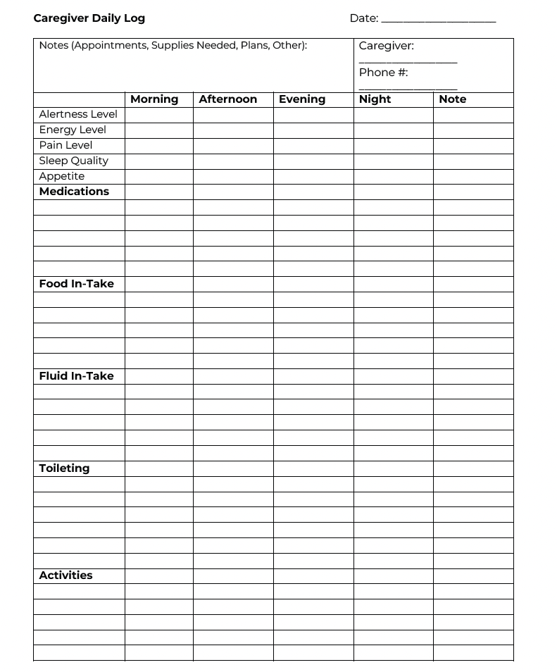 Printable Caregiver Daily Log Sheet, Checklist and Template for Elderly