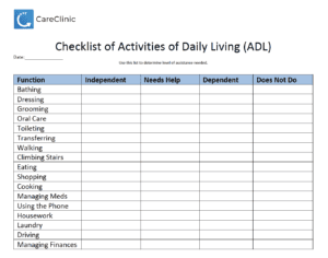 Activities of Daily Living Worksheet