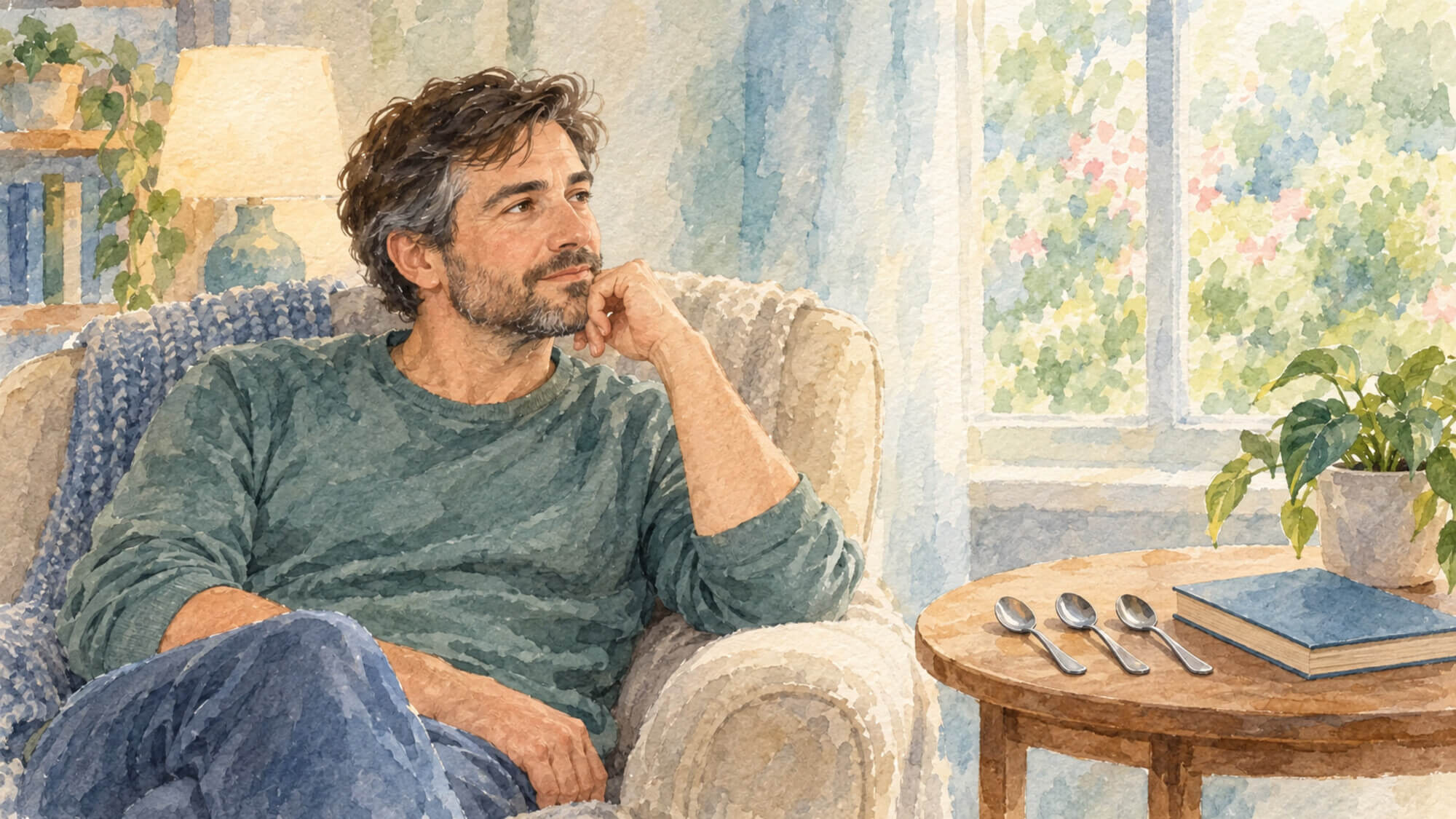 Spoon Theory and Energy Pacing Watercolor illustration of a man resting beside spoons to represent Spoon Theory and pacing energy