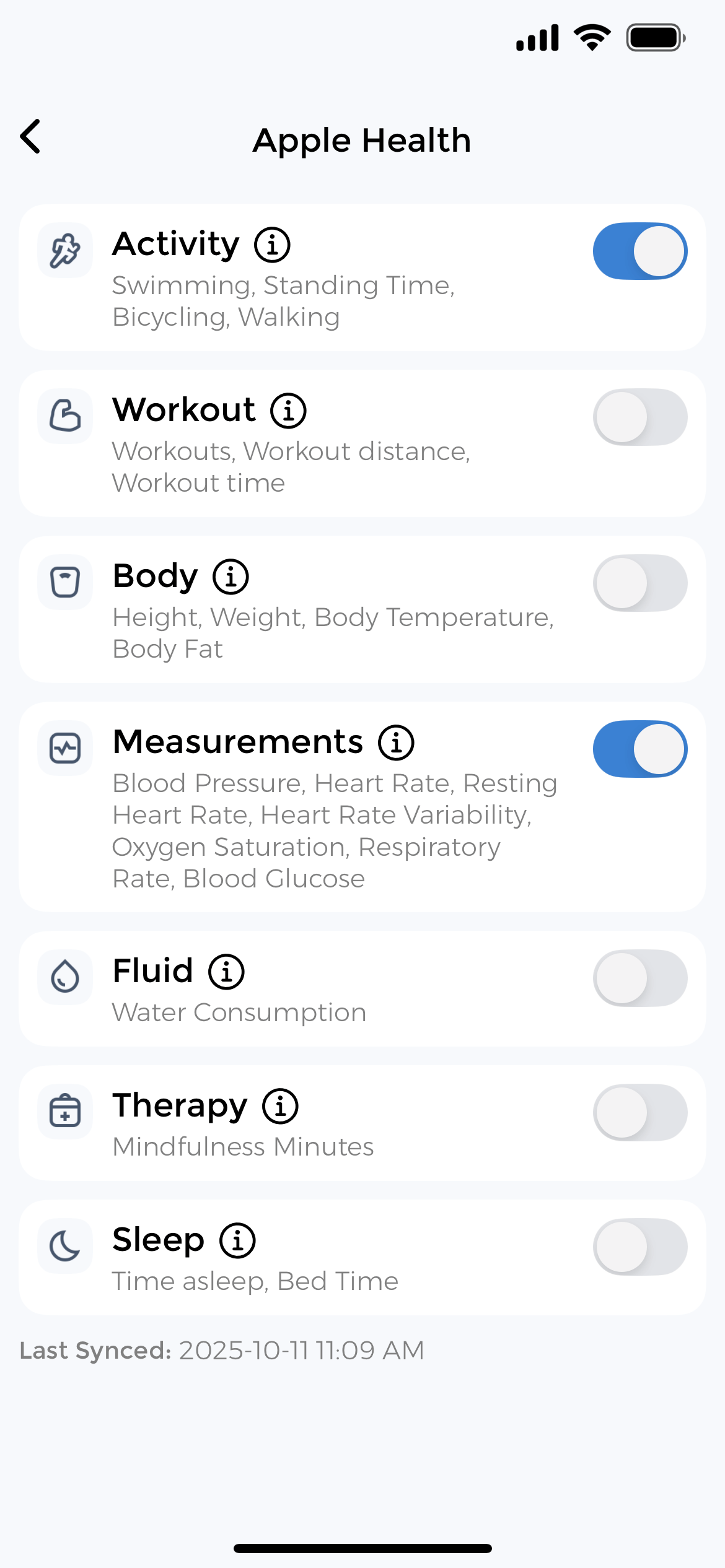 Apple Health settings showing Activity, Measurements, and health data sync toggles