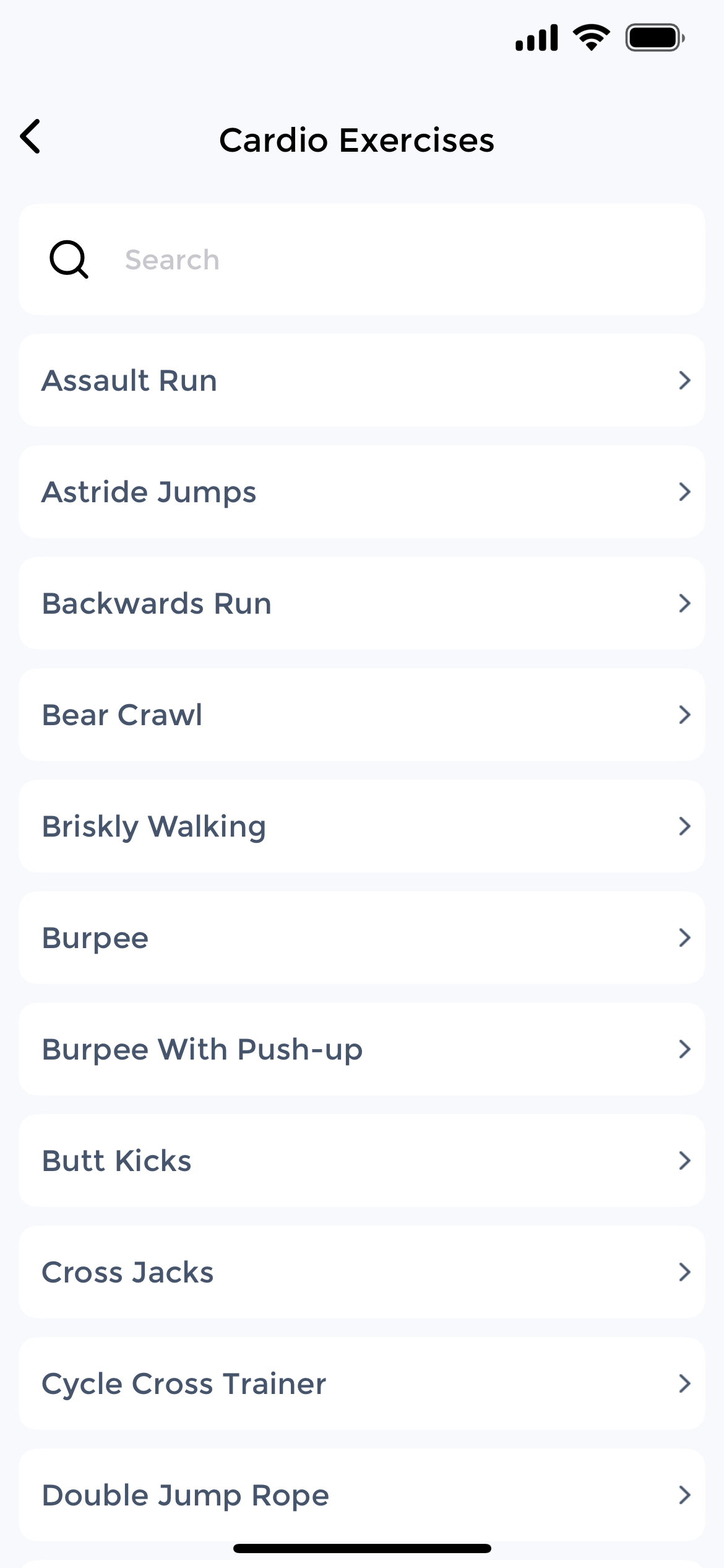 Cardio exercises library showing Burpees, Running, Cross Jacks, and other heart-healthy workouts