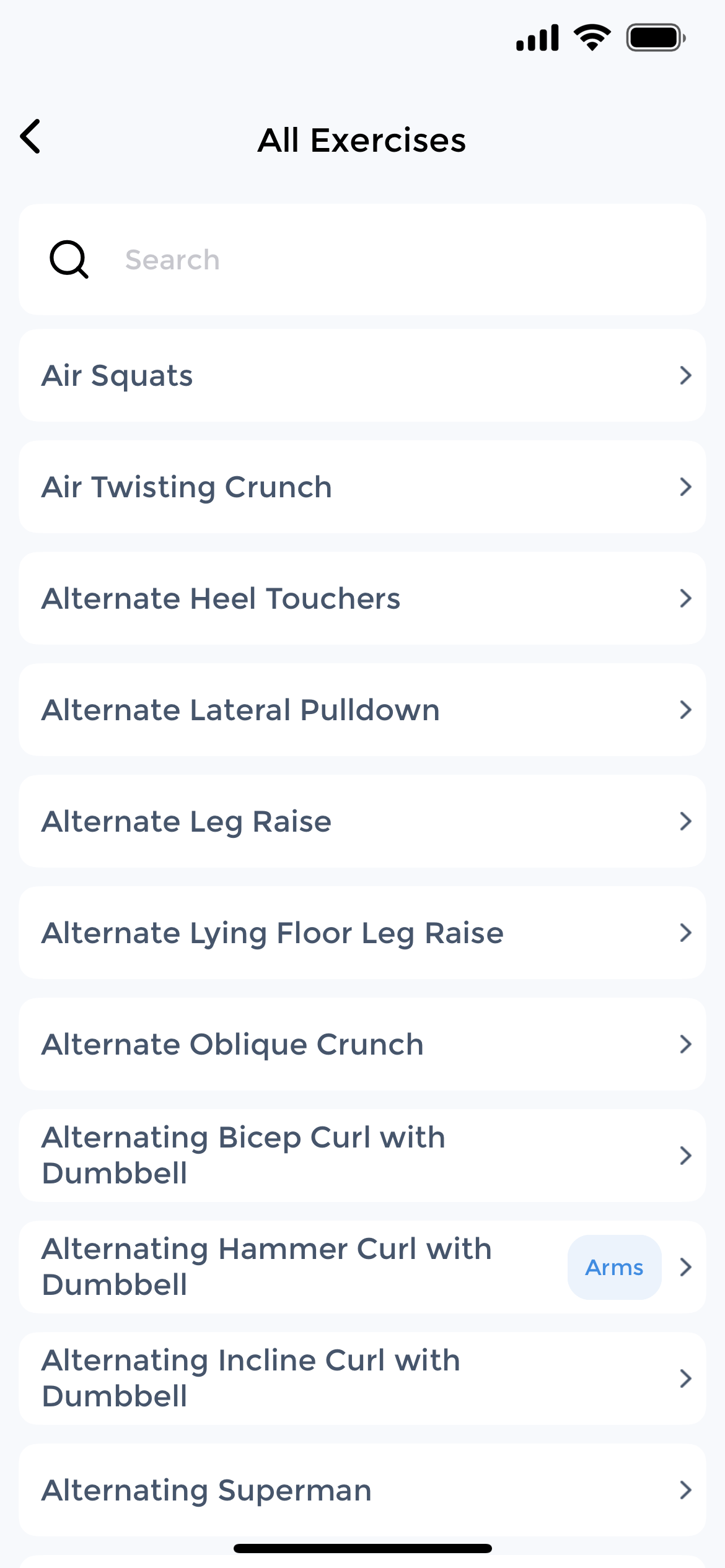 Comprehensive exercise library showing Air Squats, crunches, and categorized workout list