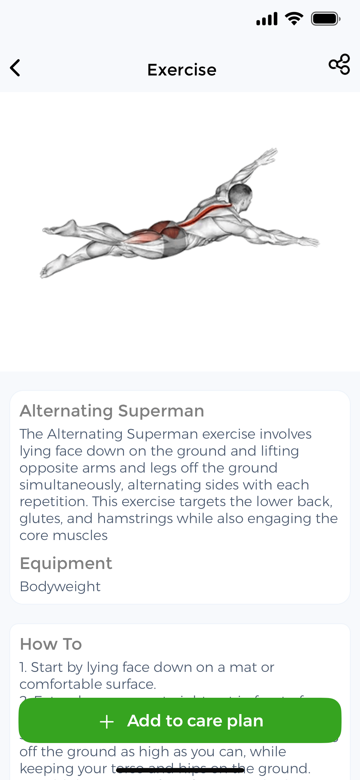Exercise detail screen showing Alternating Superman with muscle anatomy diagram highlighting lower back, glutes, and hamstrings