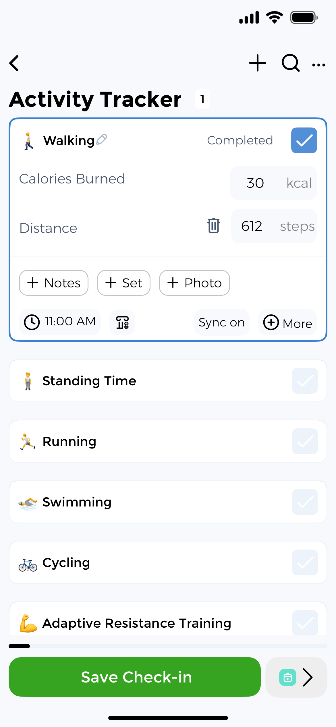 Track physical activities in CareClinic app CareClinic Activity Tracker showing walking exercise with calories, steps, and multiple activity options