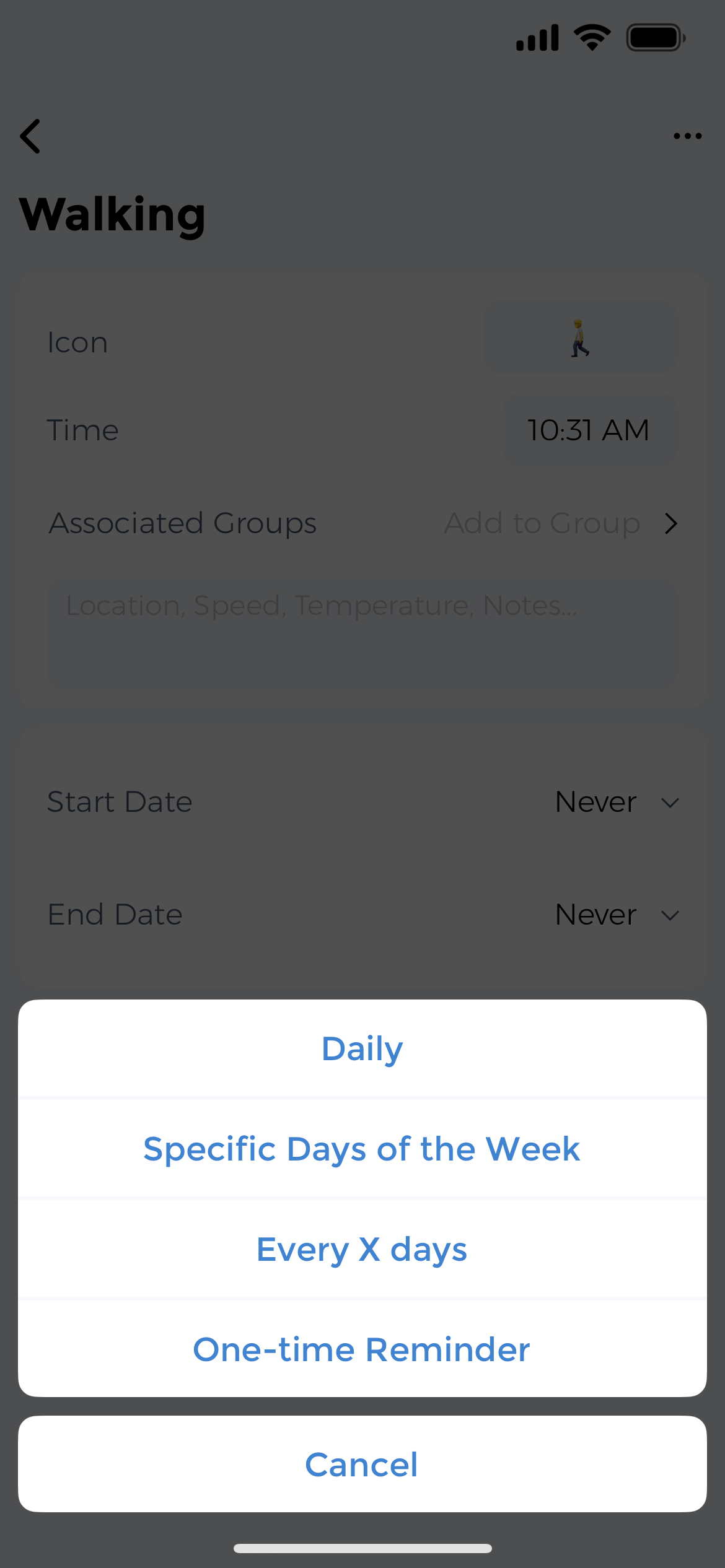 Activity scheduling screen with daily, weekly, and custom repeat frequency options for walking