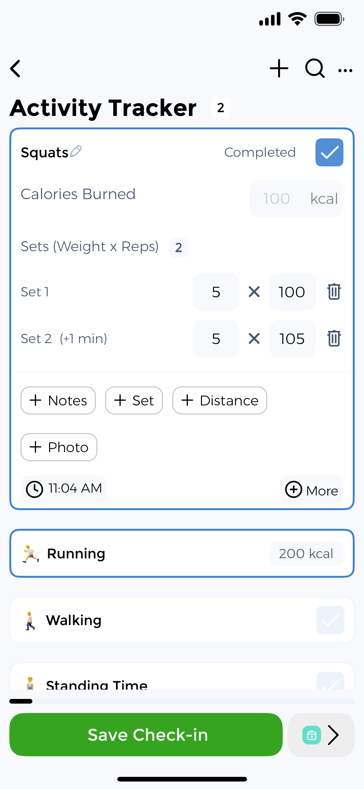 Strength training tracker showing Squats with sets, reps, and weight tracking (5×100, 5×105)