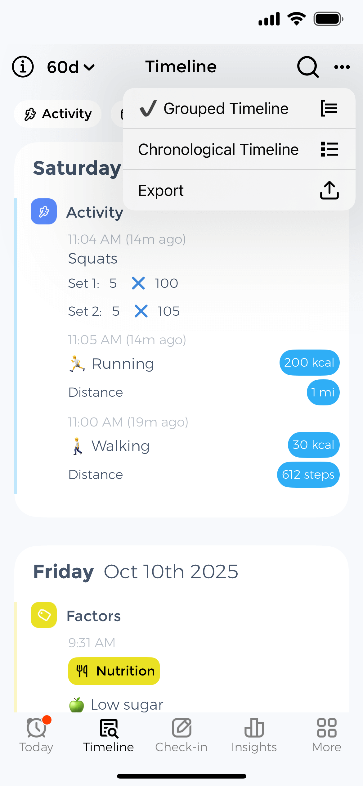 Grouped timeline showing logged activities including Squats sets, Running distance, and Walking steps