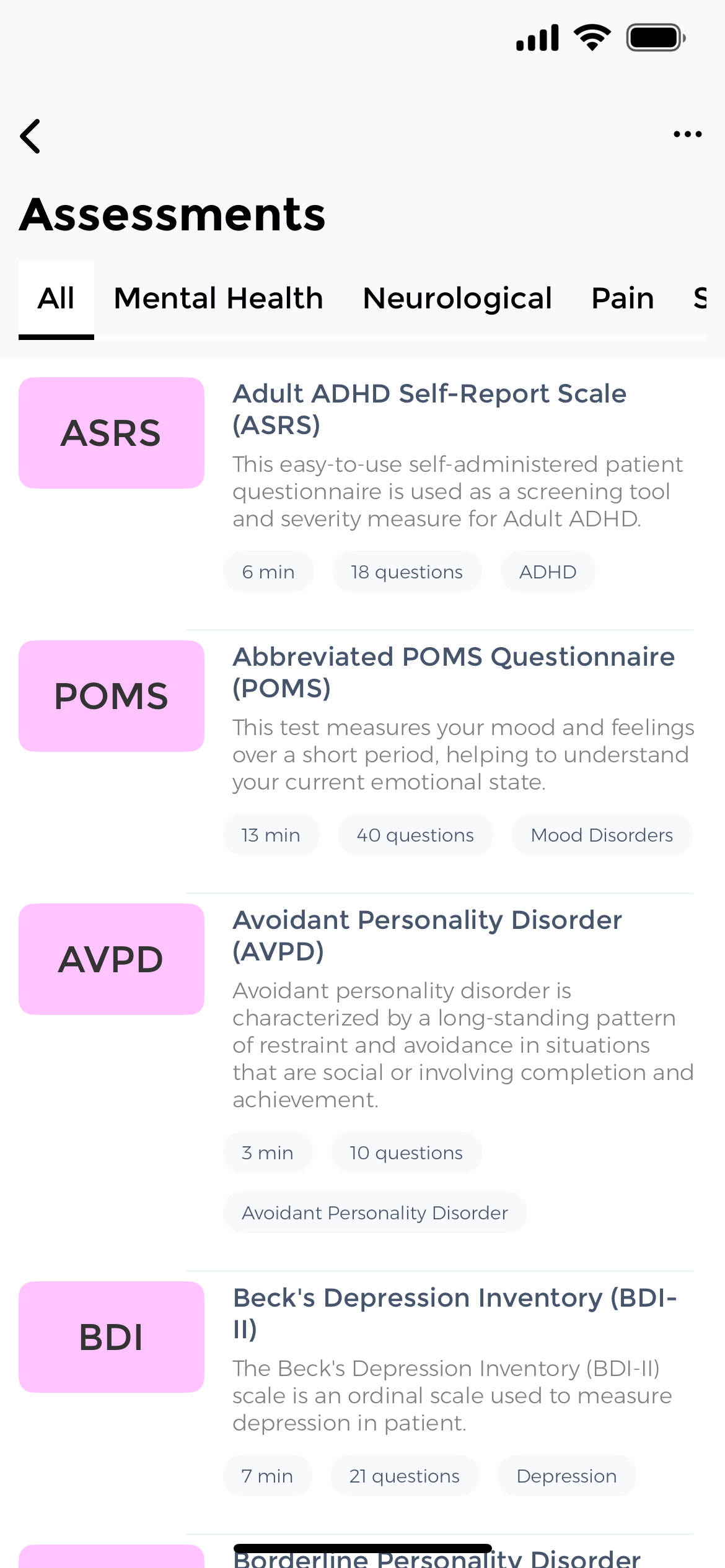CareClinic Assessment Tracker showing library of clinical assessments