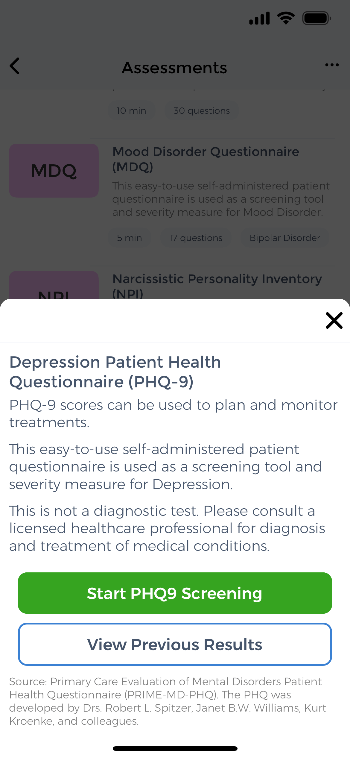 PHQ-9 assessment detail showing description, citation, and start button