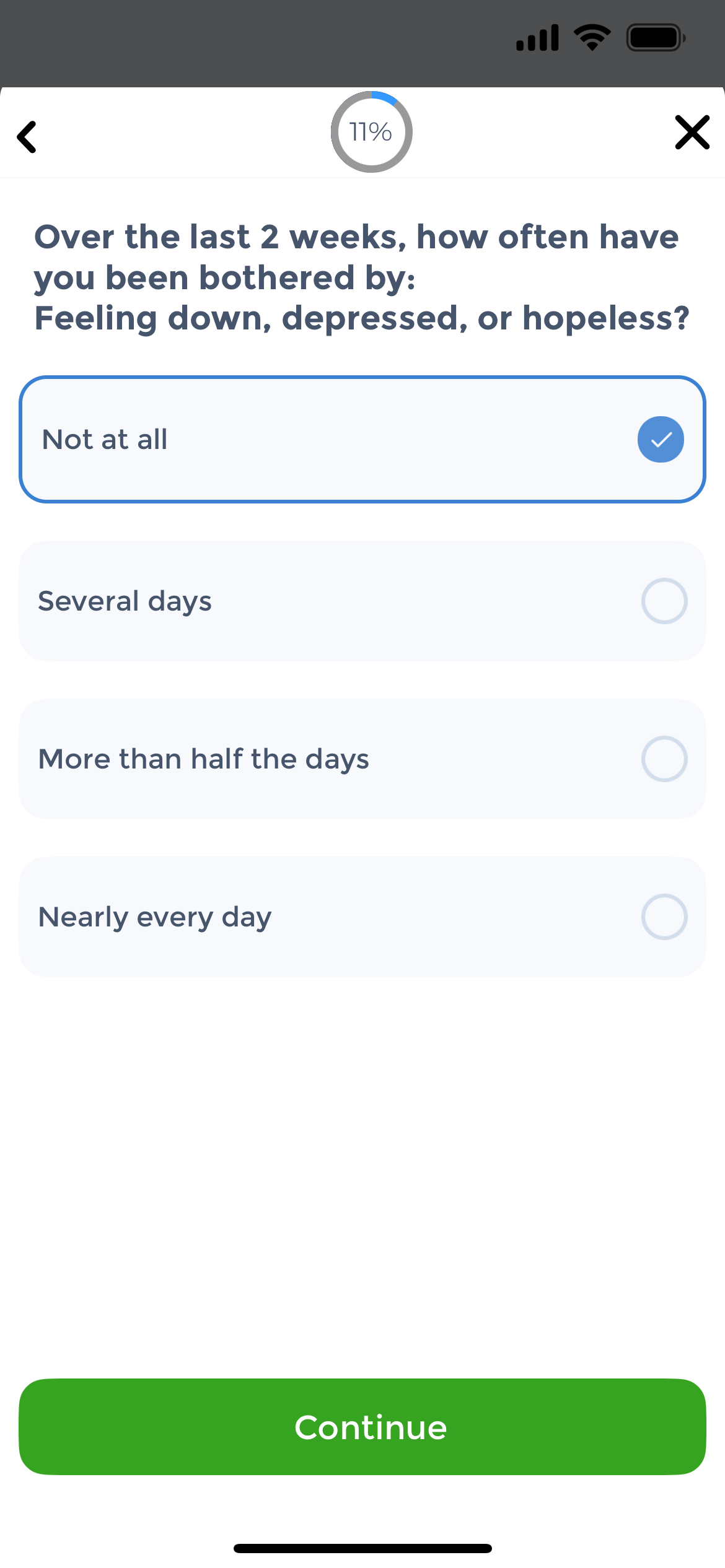 PHQ-9 questionnaire showing progress and standardized answer options