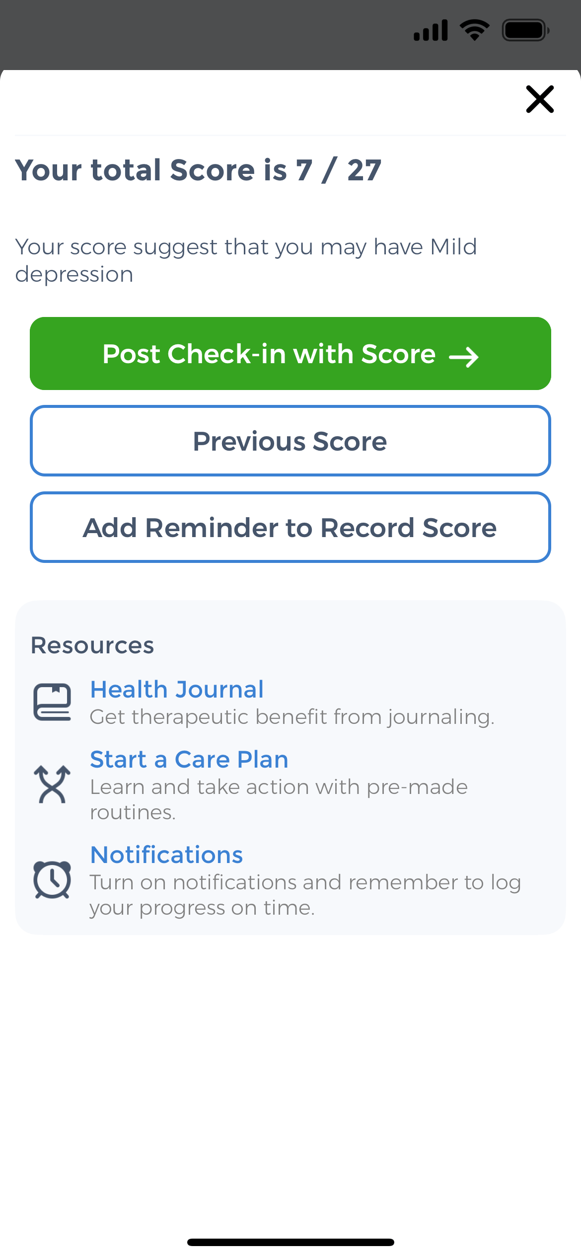 PHQ-9 assessment results showing score of 7/27 with mild depression interpretation