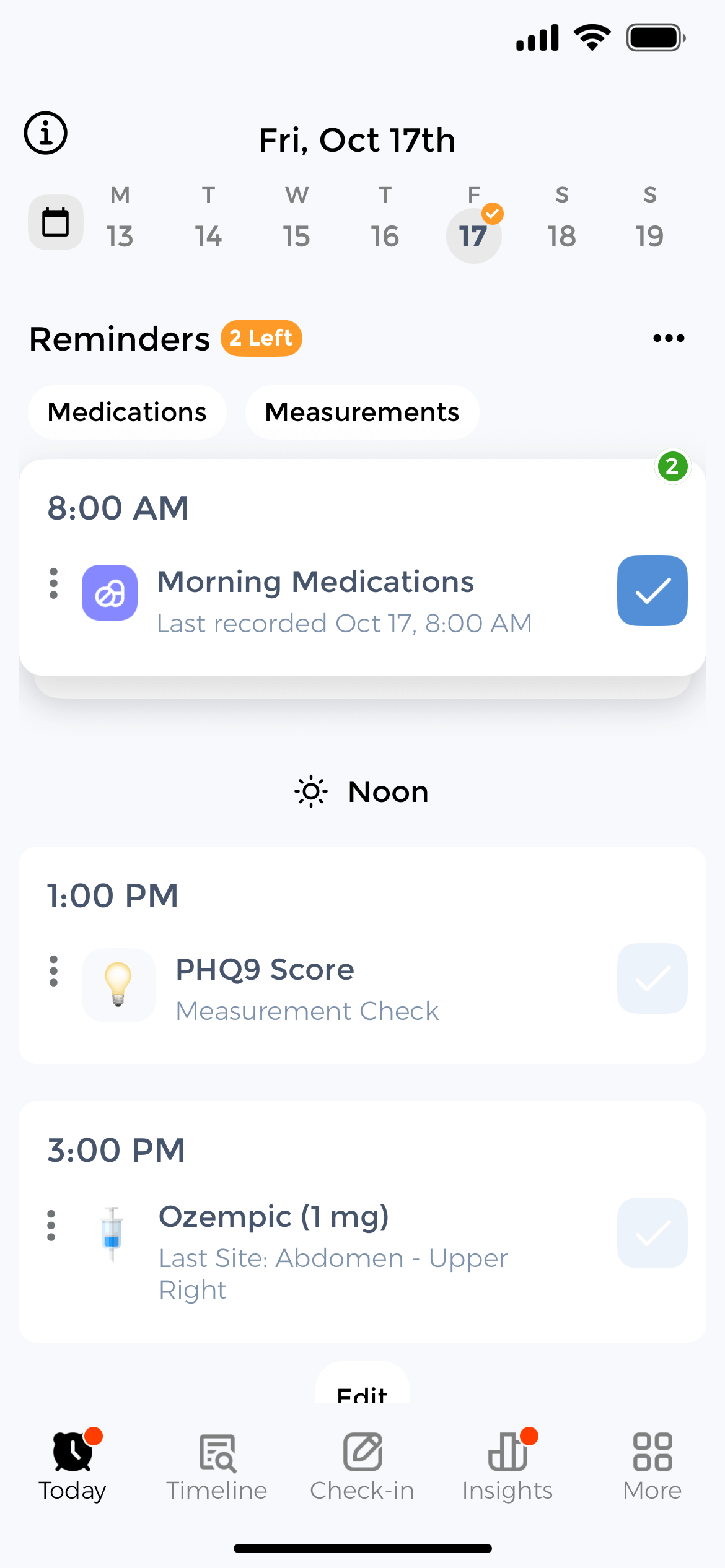 Today view with calendar showing PHQ9 reminder at 1:00 PM