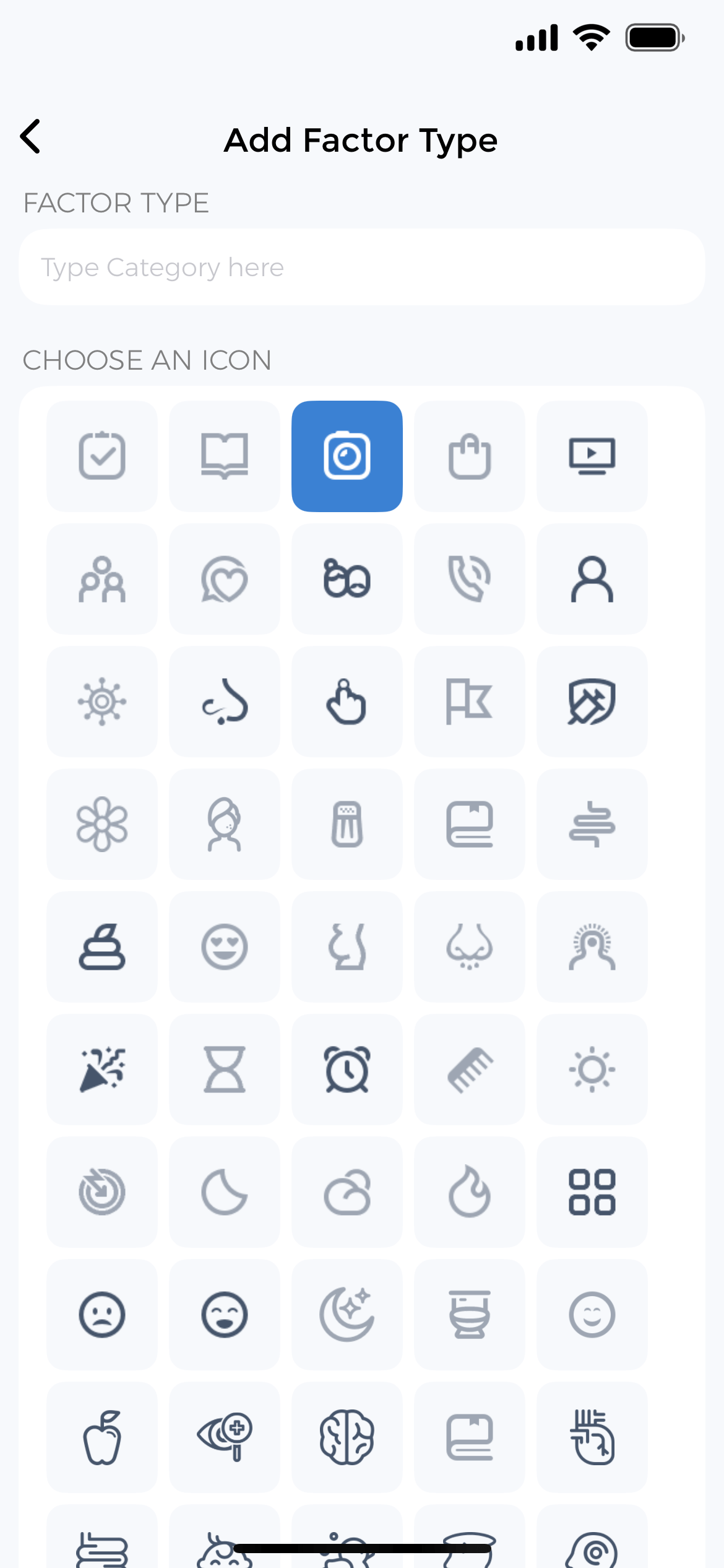 Custom factor icons for personalizing your tracking experience Icon picker interface for creating custom factor types with dozens of icon options