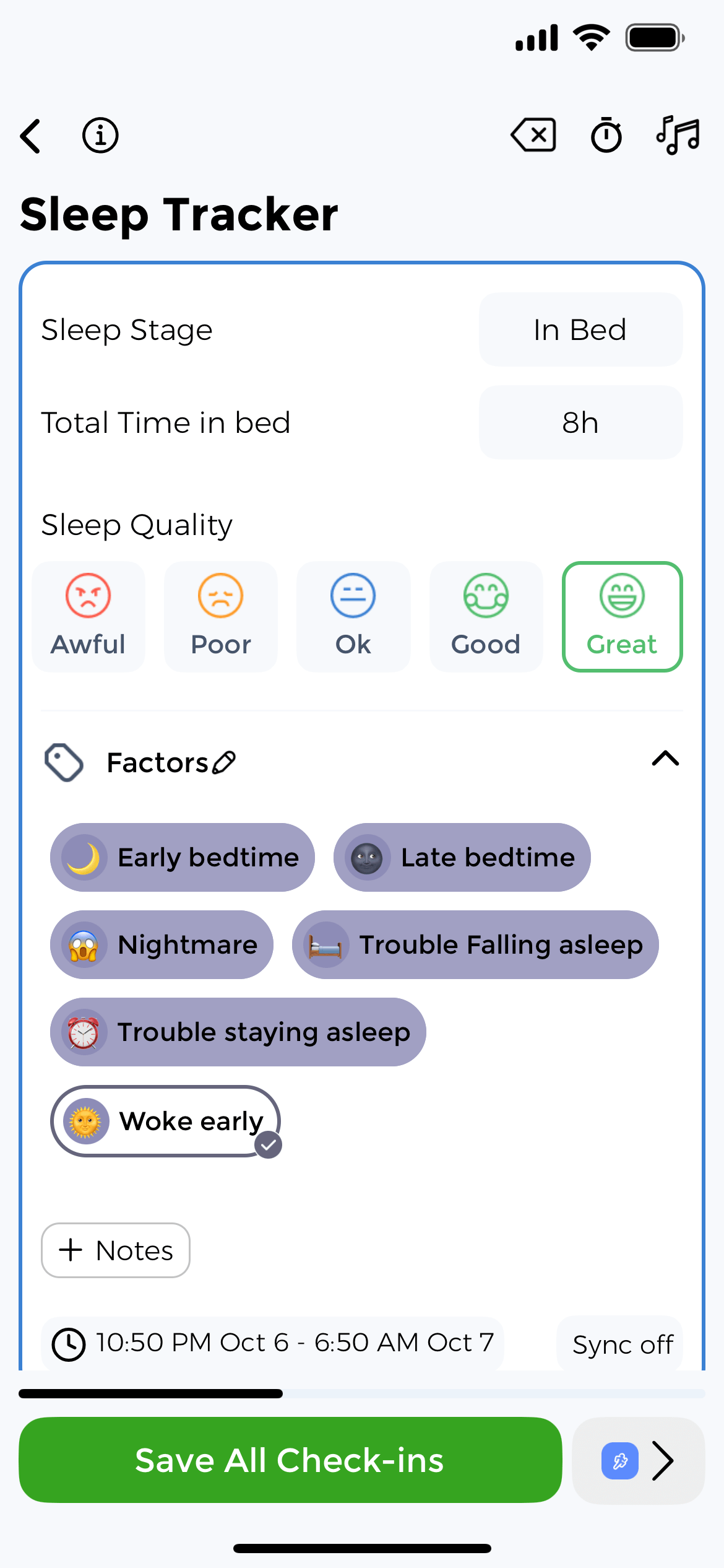 Factors in Sleep Tracker for integrated health tracking Sleep Tracker showing embedded factors like Early bedtime, Late bedtime, Nightmare, Trouble falling asleep, Trouble staying asleep, Woke early