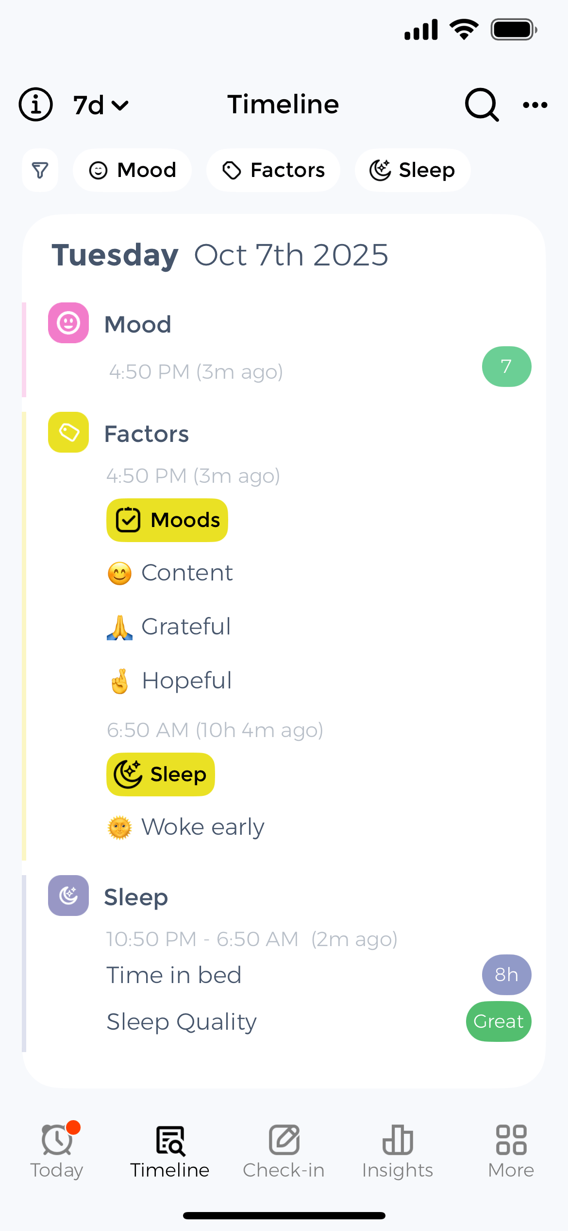Unified health timeline showing all trackers together Timeline view showing Factors logged alongside Mood entries (Content, Grateful, Hopeful) and Sleep entries (Woke early)