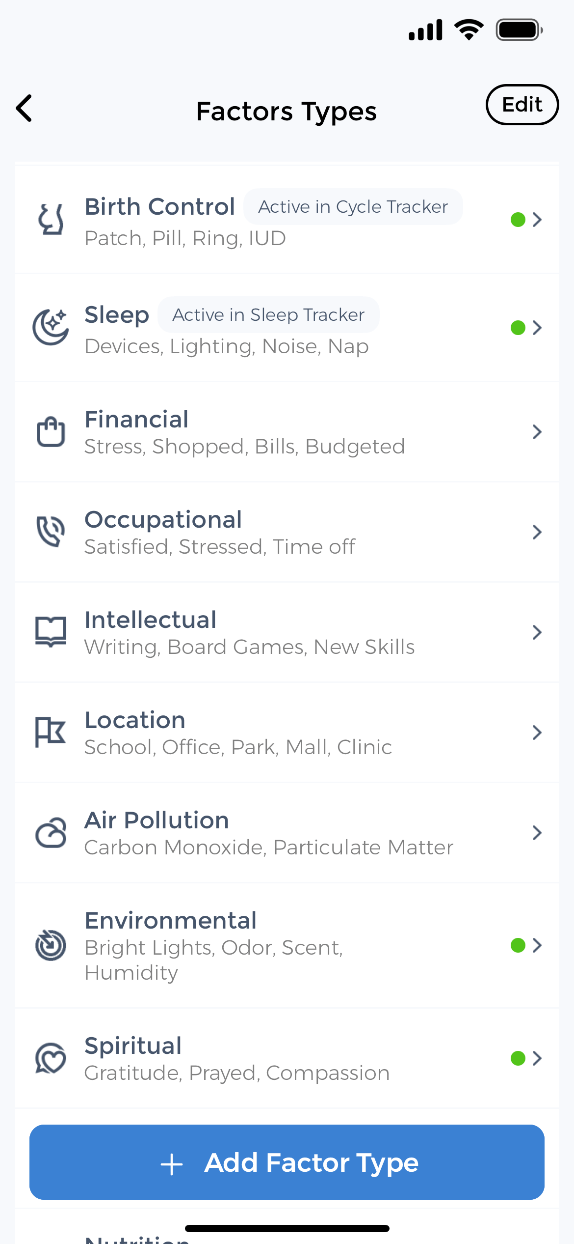 Advanced factor categories for tracking every health aspect Extended Factors Types showing Birth Control, Sleep, Financial, Occupational, Intellectual, Location, Air Pollution, Environmental, Spiritual categories