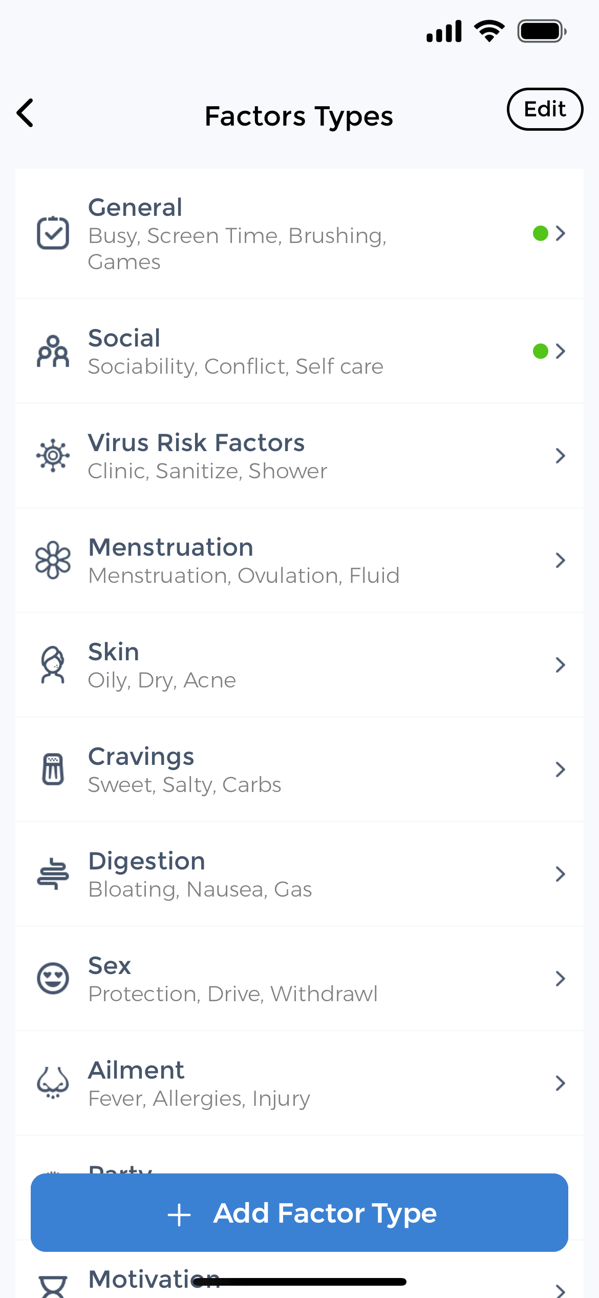 Pre-built factor categories with ready-made options CareClinic mobile app Factors Types screen displaying pre-built health tracking categories including General, Social, Virus Risk, Menstruation, Skin, Cravings, Digestion, Sex, and Ailment with custom icons for each category
