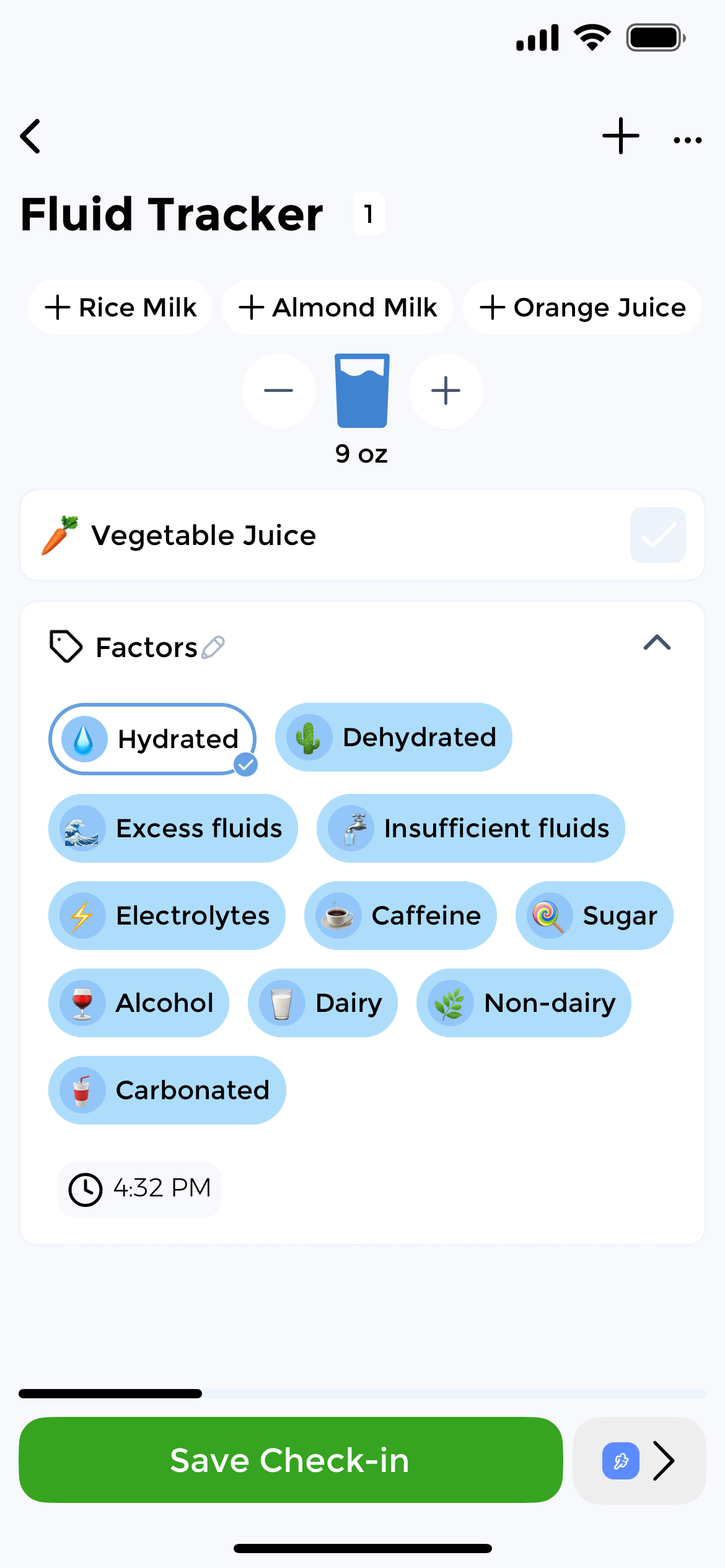 Track daily hydration with smart goals and reminders CareClinic Fluid Tracker showing daily water intake with goal progress and hydration reminders