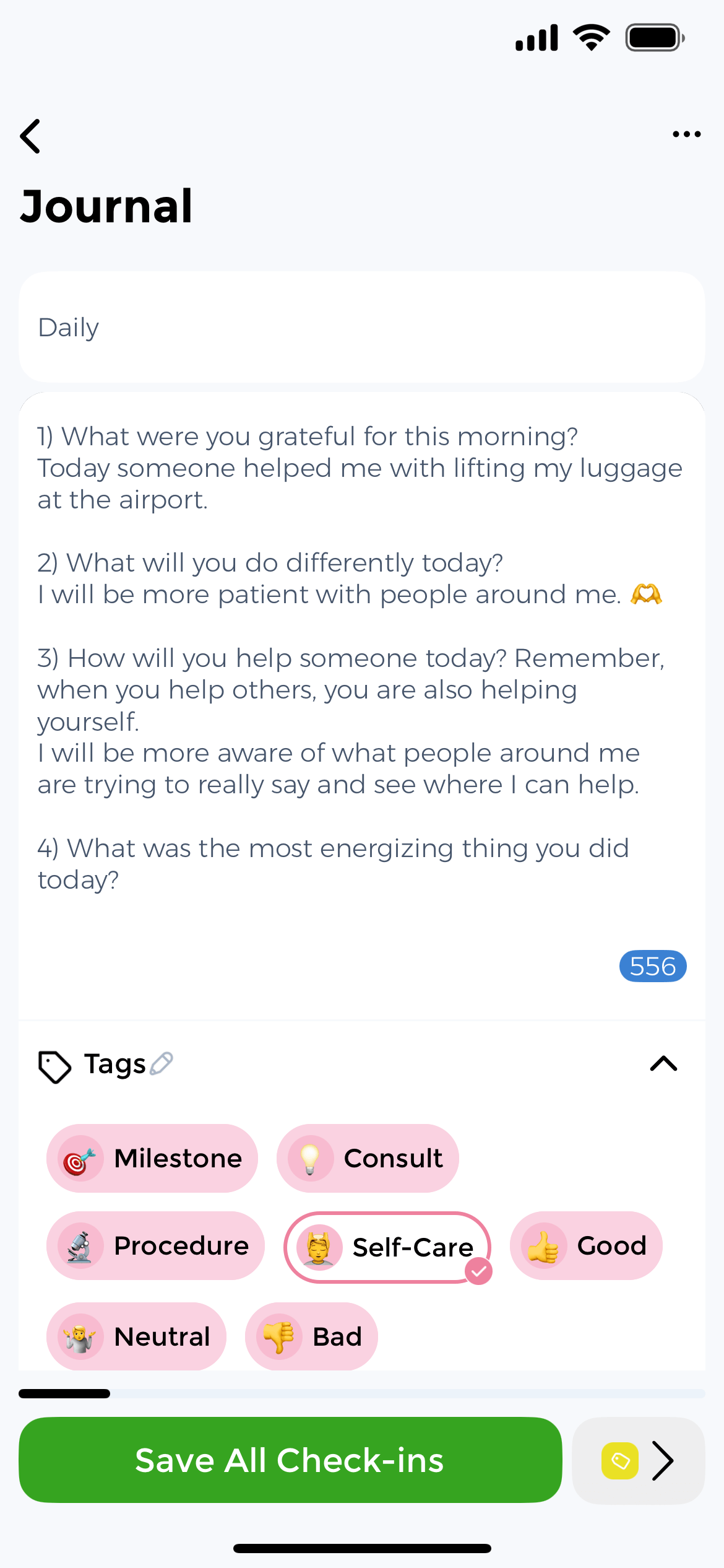 Medical diary with guided daily check-in prompts Health diary app showing daily gratitude prompts with mood tracking