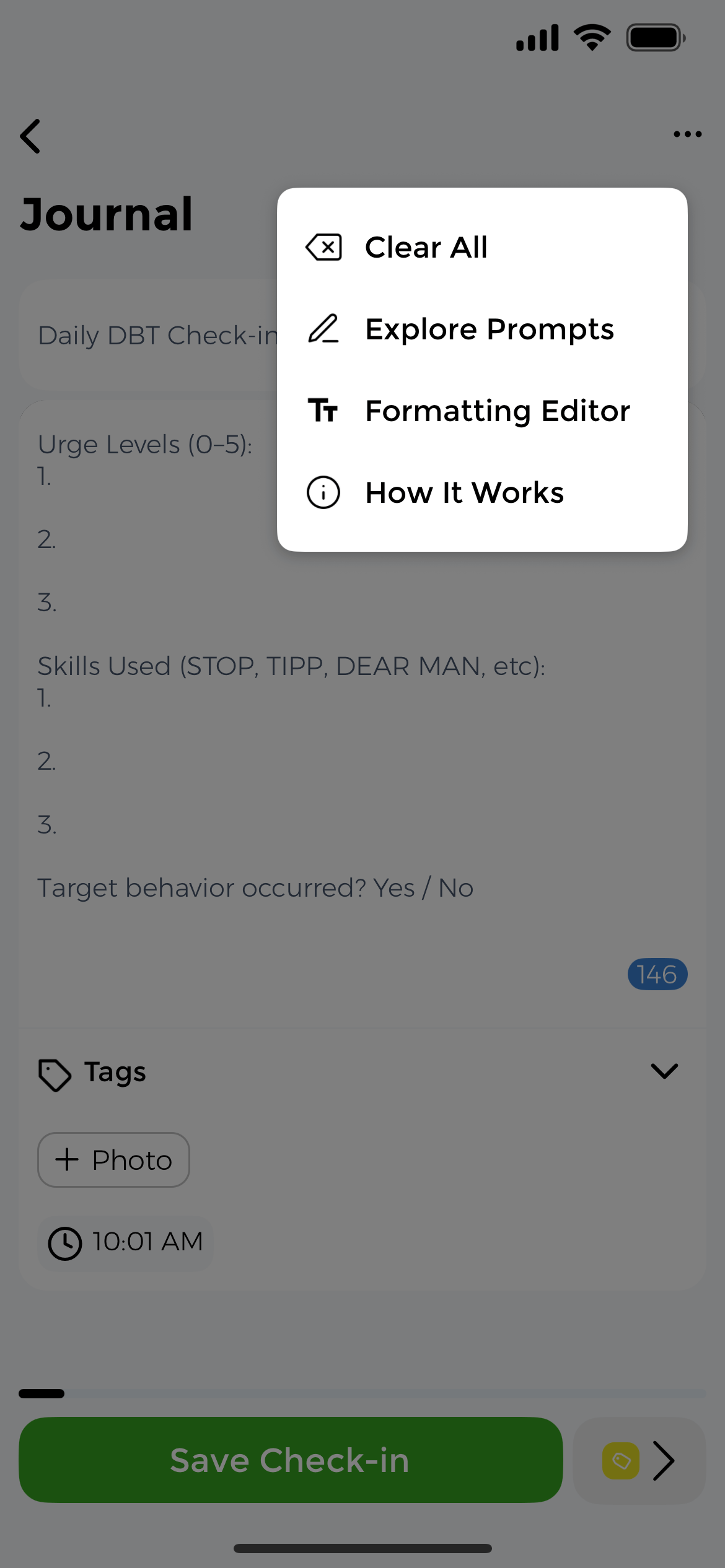 Health diary menu showing clear all, explore prompts, formatting editor, and how it works options