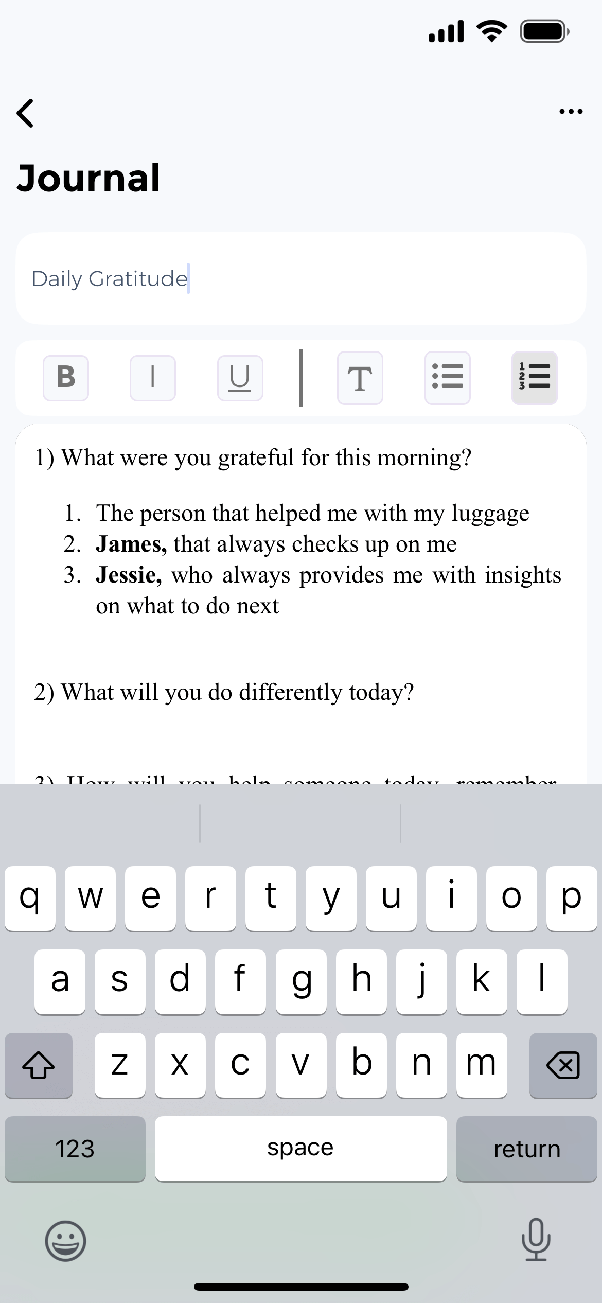 Gratitude journal entry with text editor showing daily reflections and bullet list responses