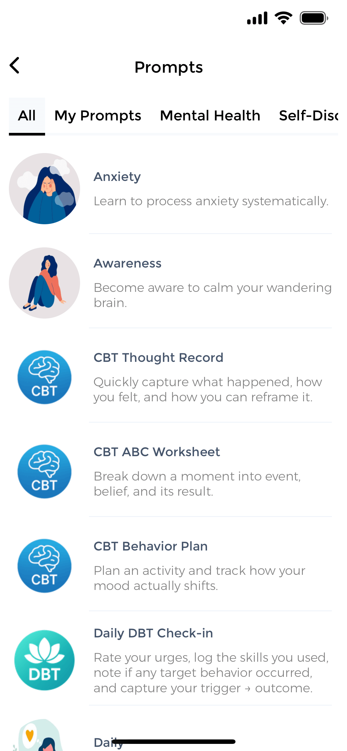 Health diary prompts library showing CBT thought records, DBT worksheets, and anxiety awareness exercises