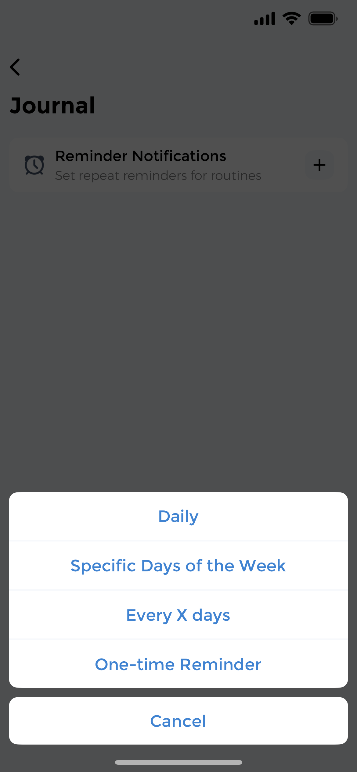 Reminder setup modal showing daily, specific days, every X days, and one-time reminder frequency options