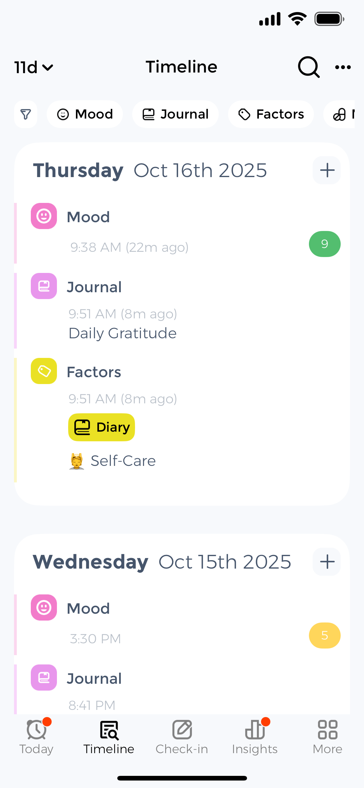 Health diary timeline showing chronological entries with mood scores, journal entries, and tagged categories across multiple days