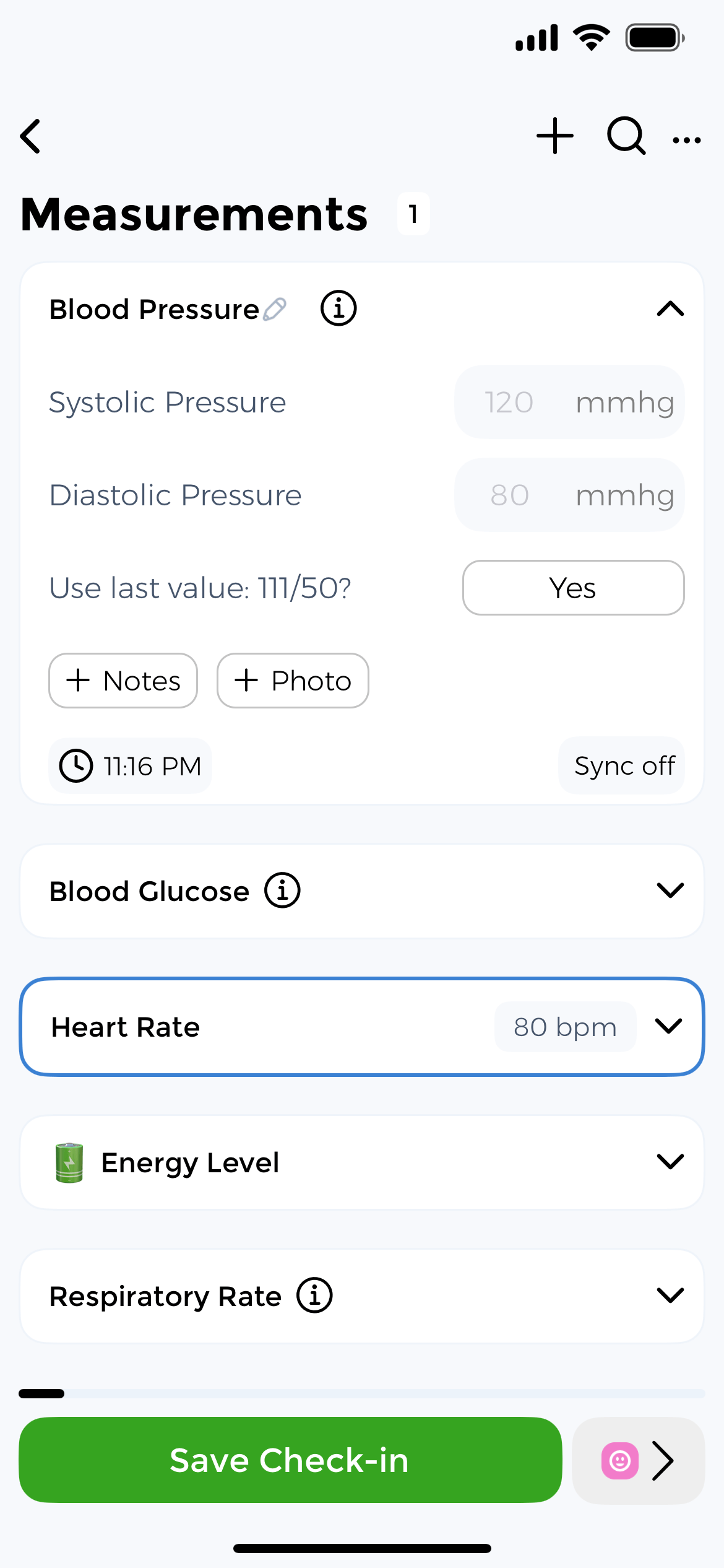 Multiple vitals list view showing various tracked measurements