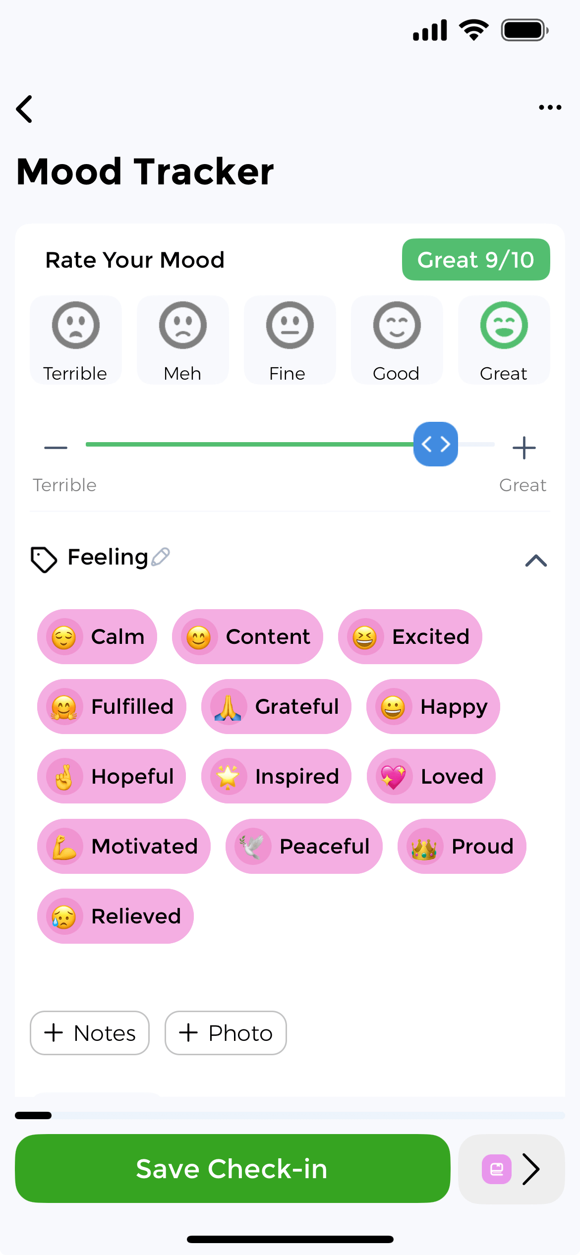 Daily mood check-in with rating scale and emotion tags for mental health tracking Mood tracker app check-in screen with 1-10 rating scale from terrible to great using emoji faces and emotion tag options for logging daily mood and mental health