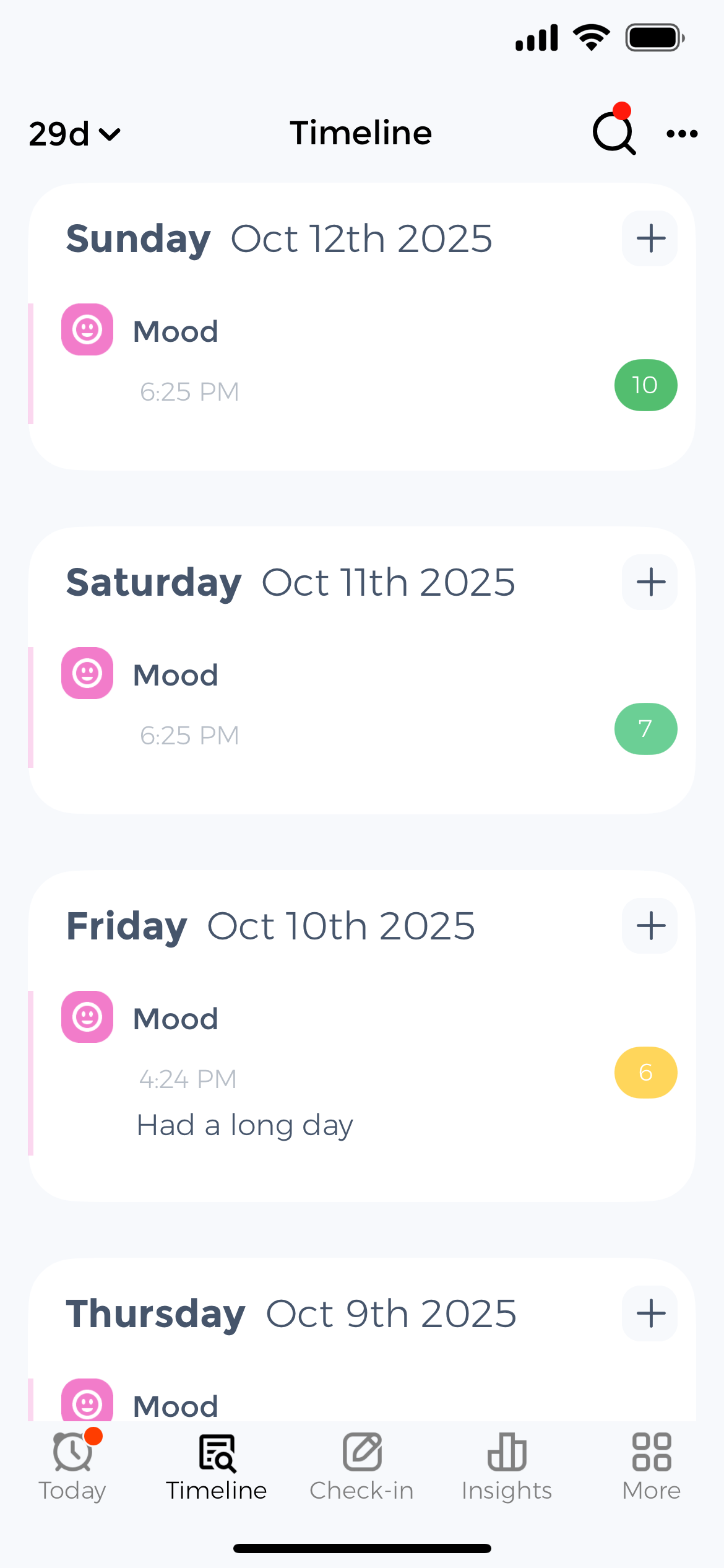 Daily mood tracking timeline view with emotion logs and pattern visualization Mood tracker timeline displaying daily mood entries with ratings and notes showing emotional patterns across multiple days for mental health tracking
