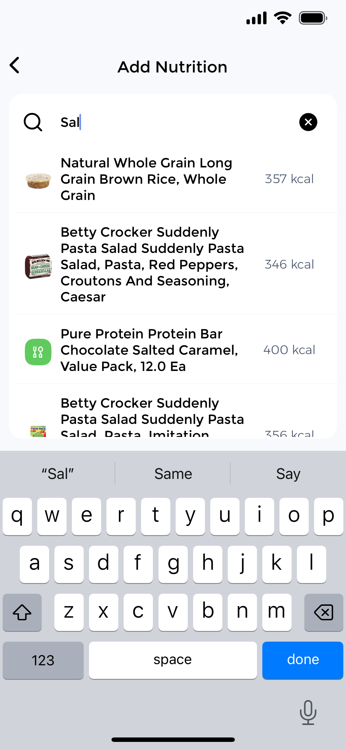 Diabetic food tracker - Log carbs, macros, and meals to correlate with blood sugar readings Food database search showing 500K+ foods for carb tracking and diabetes meal logging to monitor glucose impact