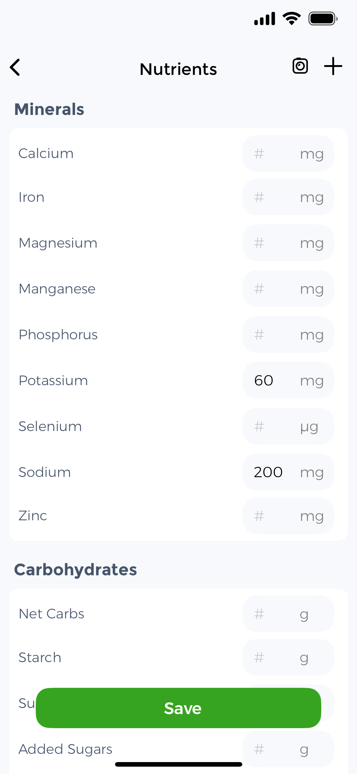 Macro distribution chart showing protein, carbs, fat and fiber trends over 7 days