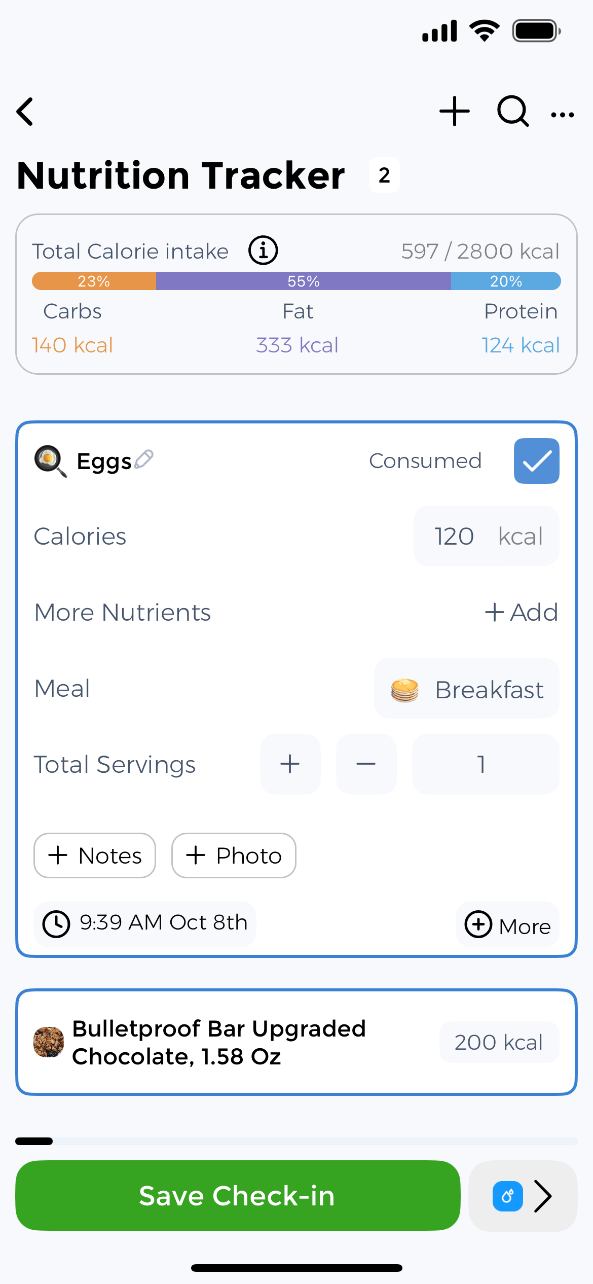 Track all meals with complete nutritional breakdown in timeline view CareClinic Nutrition Tracker timeline showing daily meal entries with macros and calorie totals