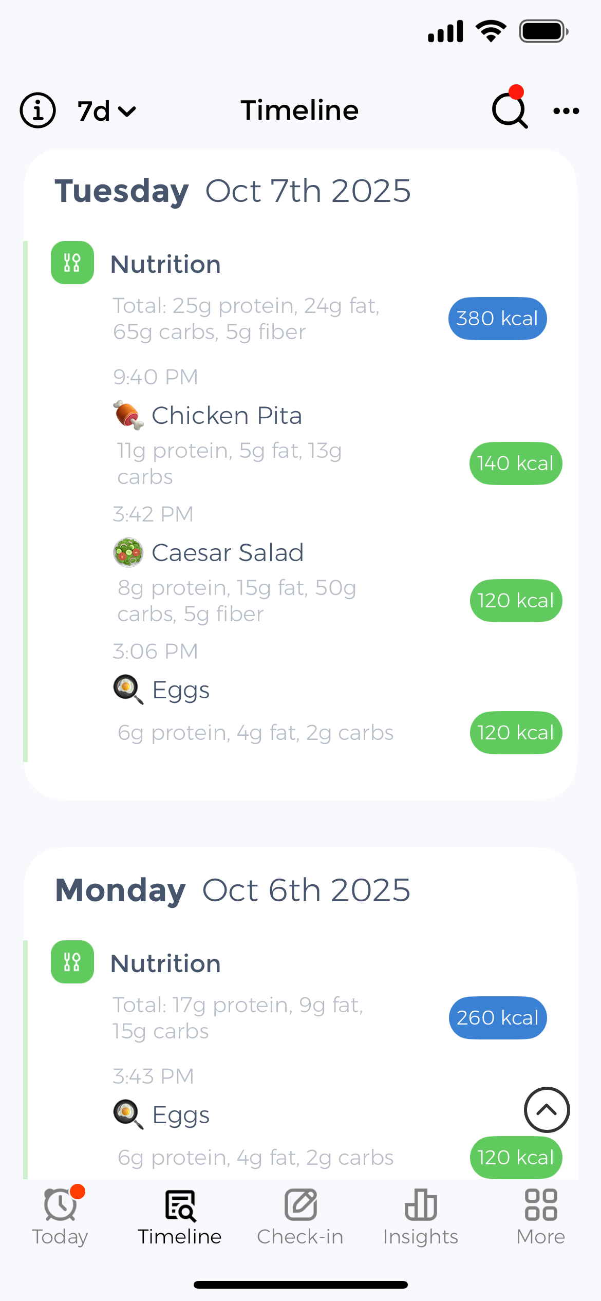 Nutrition tracker timeline showing chronological meal entries with timestamps