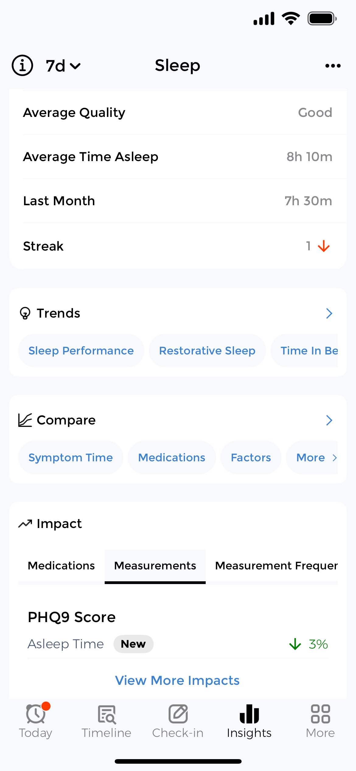Sleep insights - Discover correlations between mental health, symptoms, and sleep patterns Sleep insights dashboard showing PHQ9 mental health correlation with sleep duration and quality trends over time