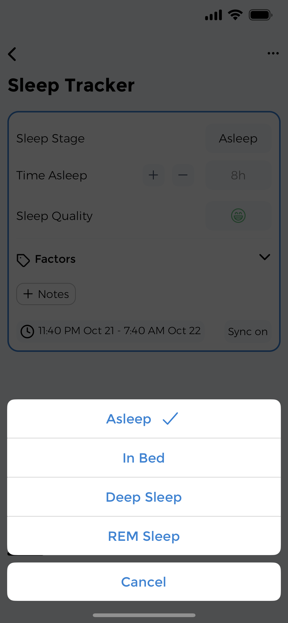 Record sleep stages - Log time in bed, asleep time, deep sleep, and REM sleep data Sleep stage selector showing options to record Time in Bed, Time Asleep, Deep Sleep, and REM Sleep