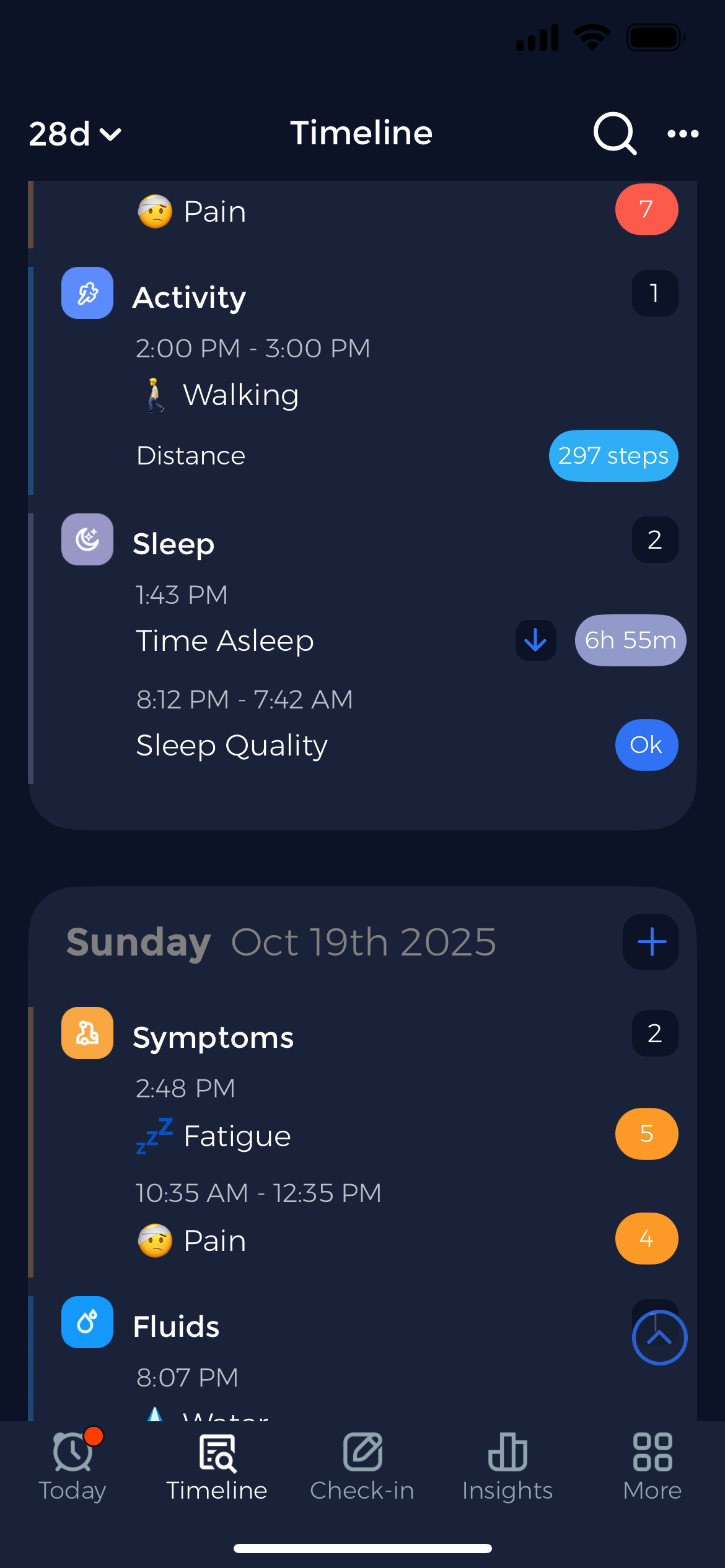 Sleep timeline - Review your complete sleep history and track improvements Sleep timeline view showing daily sleep entries with quality ratings, duration, and notes for tracking improvements over time