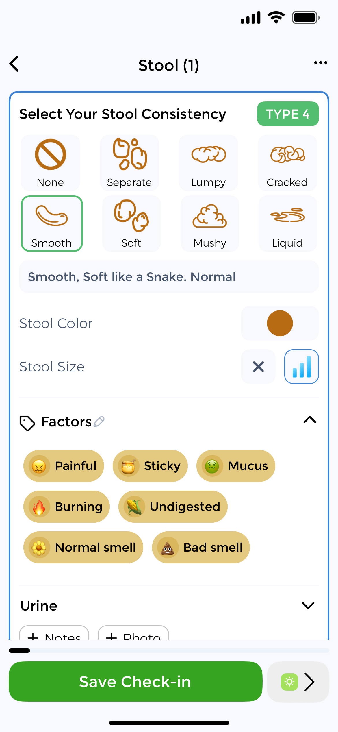 Track bowel movements with Bristol Stool Scale Bristol Stool Chart interface in stool tracker app showing types 1-7
