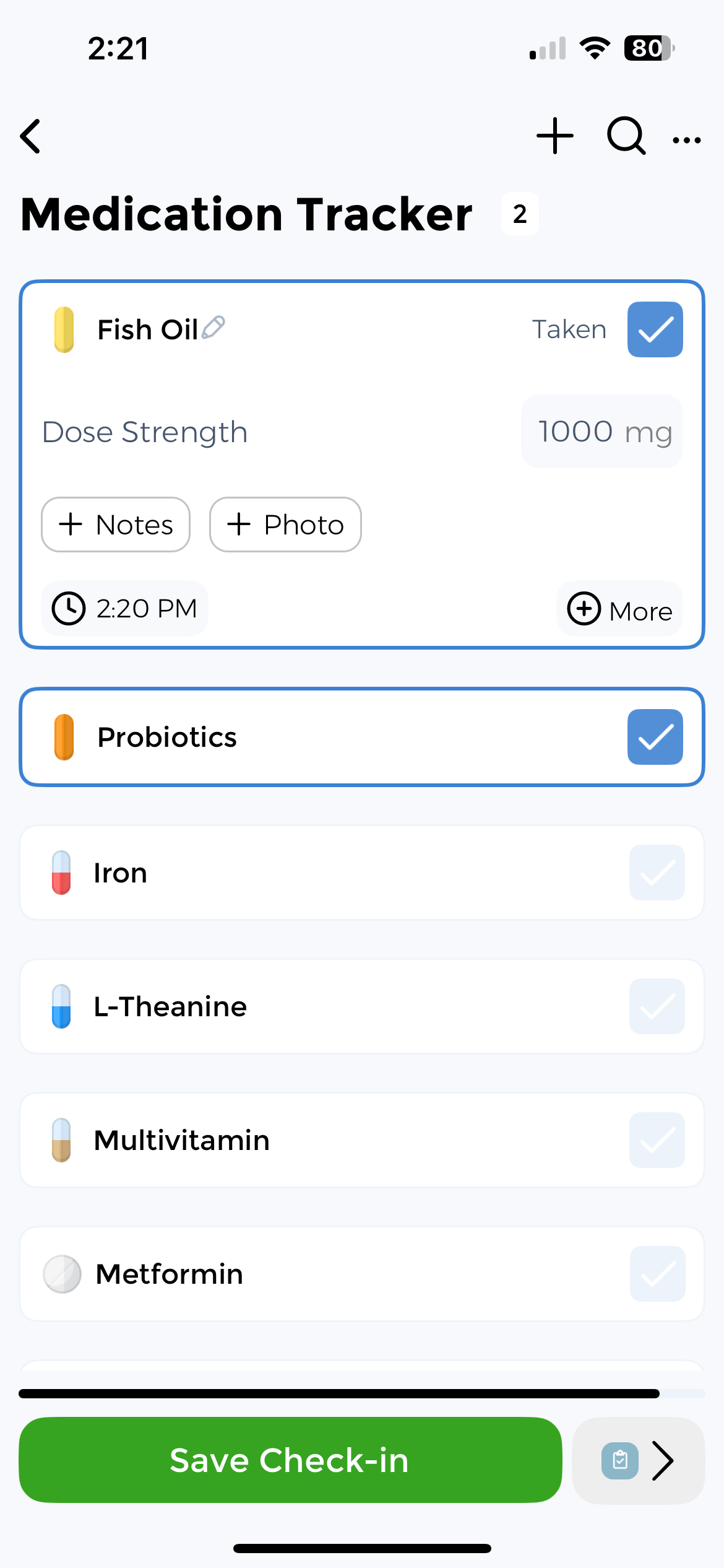 Log supplements daily with quick check-in interface CareClinic supplement logging interface showing daily supplement check-ins and product entries