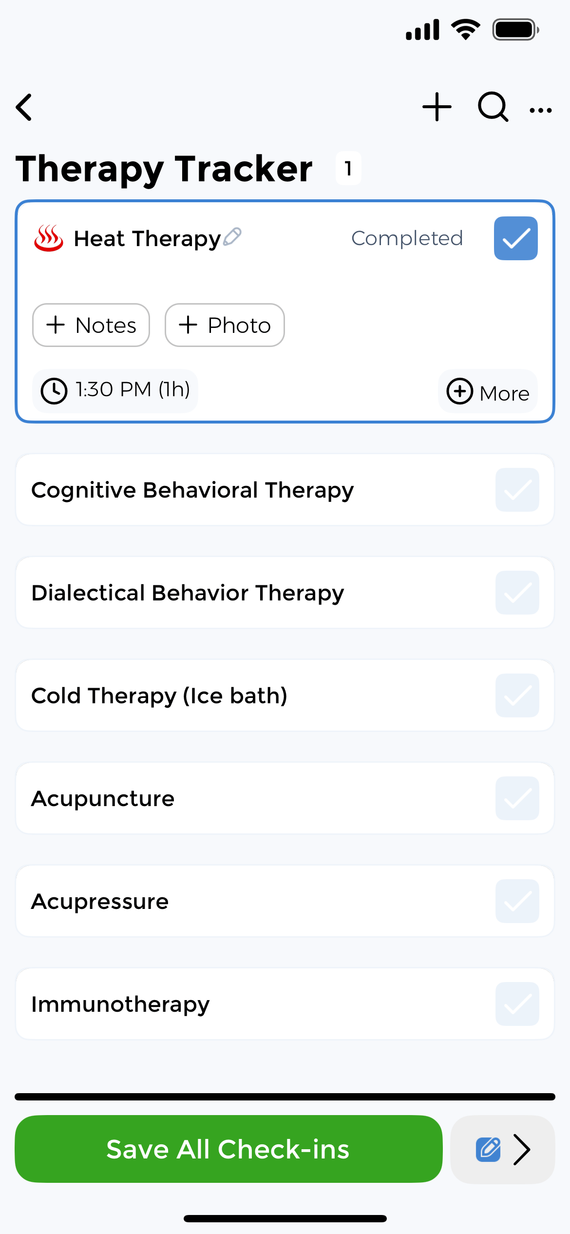 Track all therapy types in one organized list CareClinic Therapy Tracker mobile app showing list of therapy types