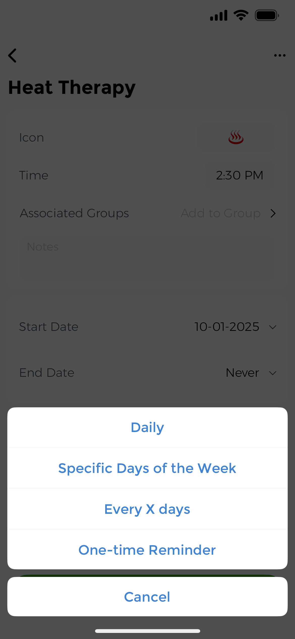 Set personalized reminders to build logging habits CareClinic Therapy Tracker local notification reminder settings screen