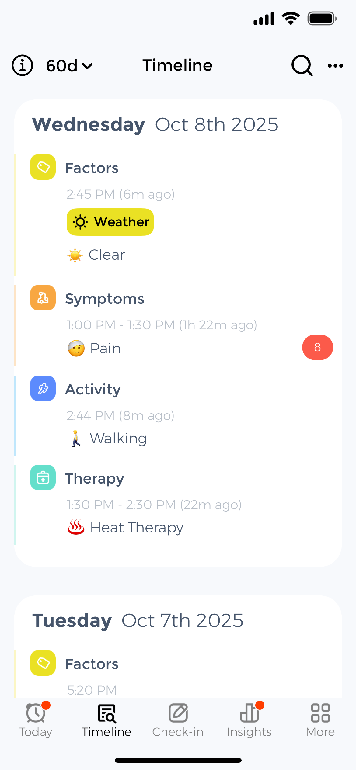 Chronic condition activity tracking showing rehabilitation progress