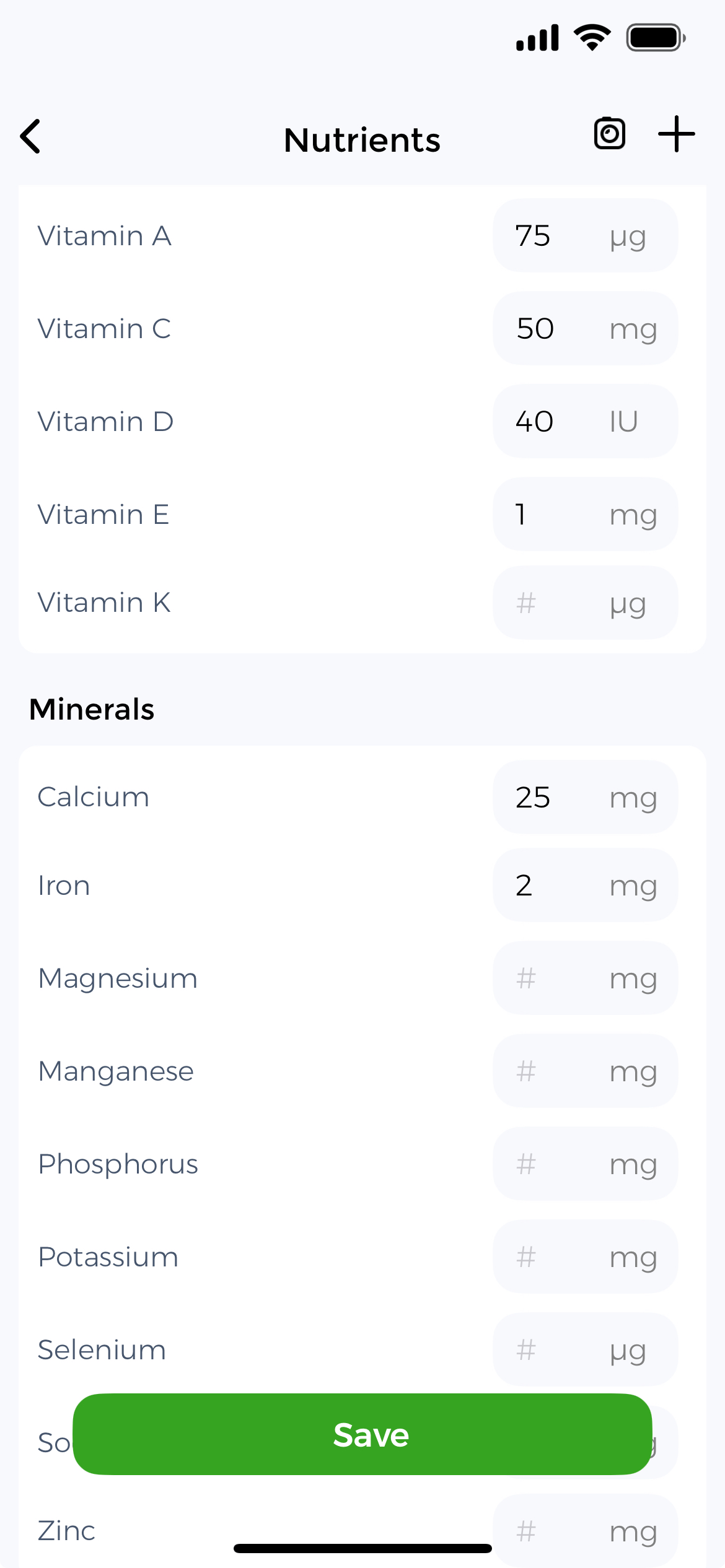 Free vitamin tracker app for iOS and Android Vitamin tracker app interface showing daily vitamin and mineral intake logging
