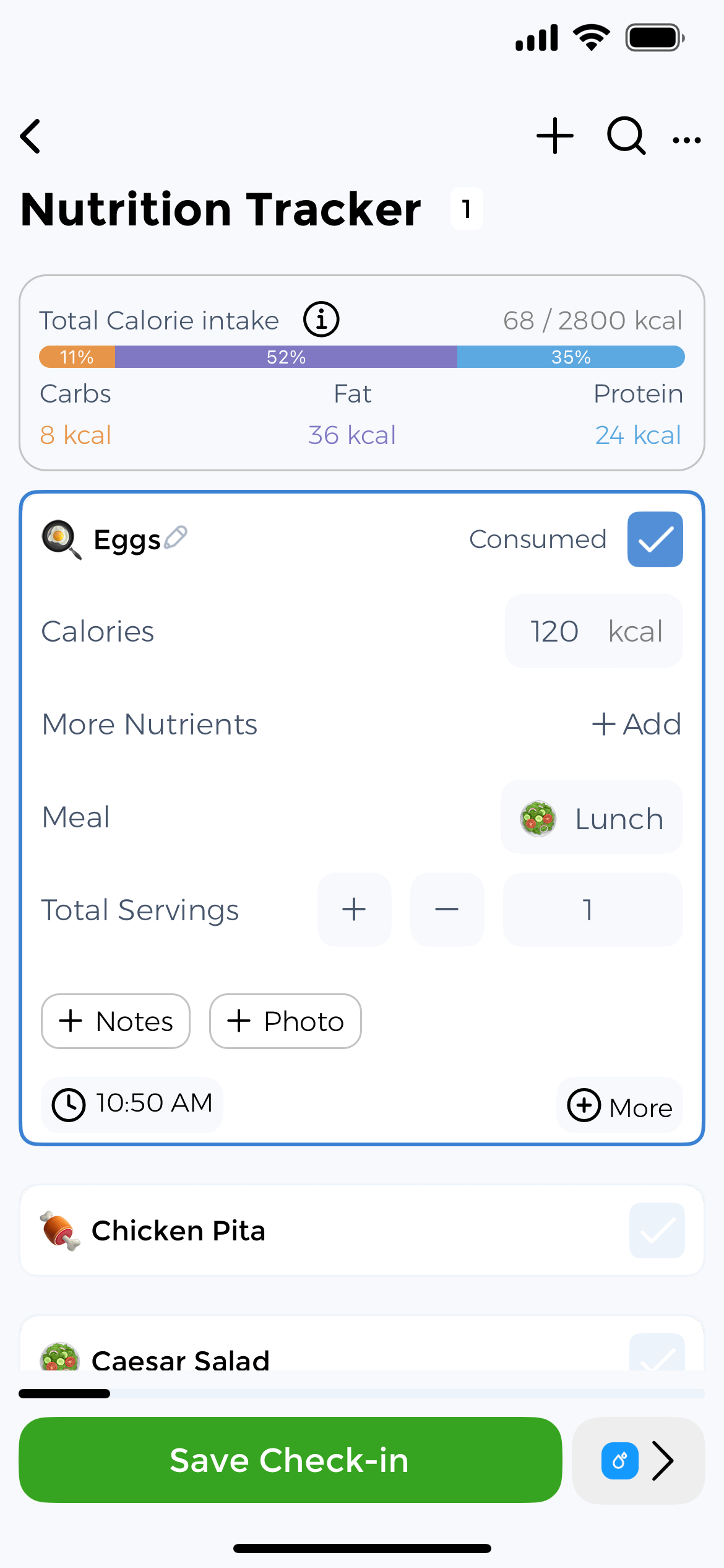 Log meals and track complete nutritional intake Vitamin and nutrition tracker showing meal logging with macronutrient breakdown