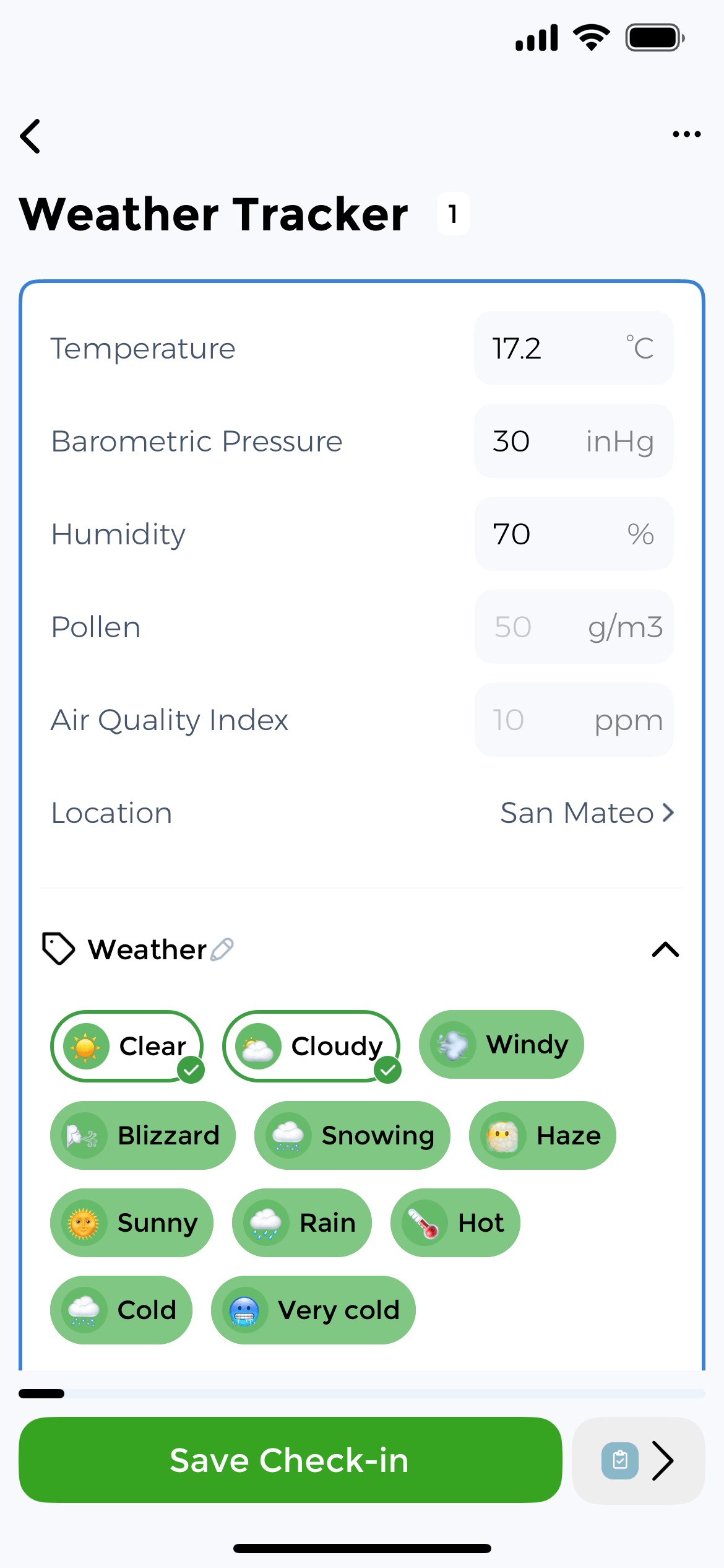 Weather tracking app - Monitor barometric pressure and atmospheric conditions for health symptoms Weather tracker app interface - Track barometric pressure, temperature, humidity for migraine and arthritis symptom correlation