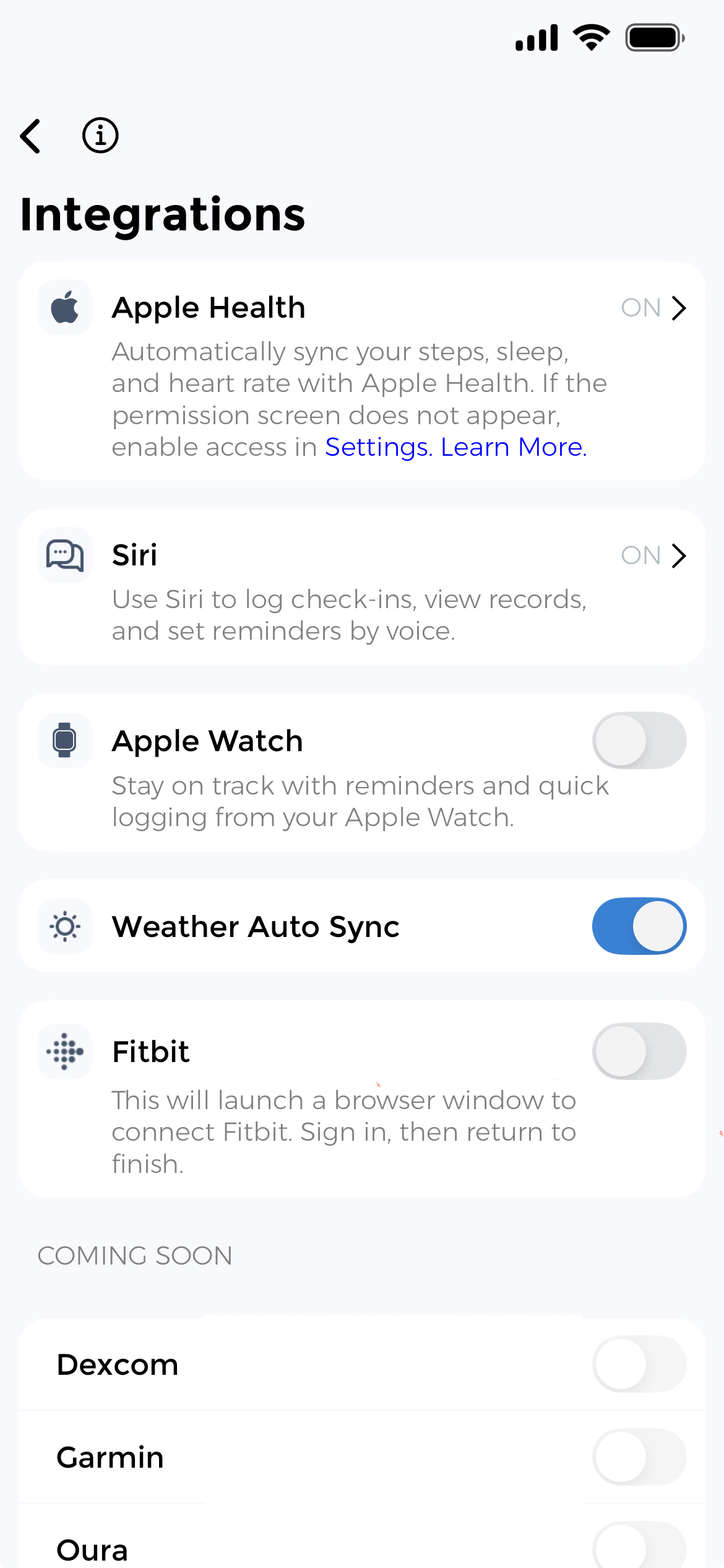 Weather app integration settings - Connect Apple Health, Fitbit, and Apple Watch for automatic tracking Automatic weather tracking setup - Enable barometric pressure monitoring with Apple Health and Fitbit integration