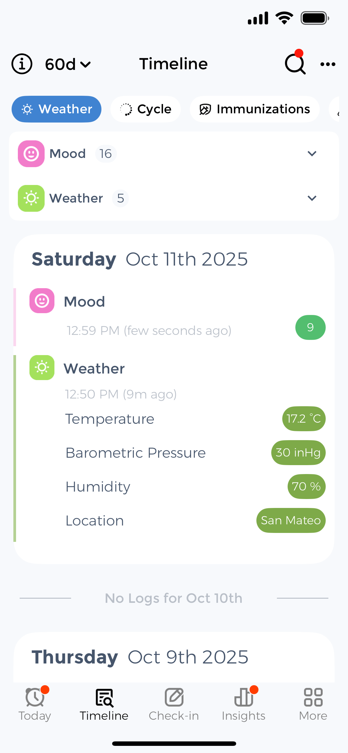 Weather history timeline - Review past barometric pressure patterns and atmospheric conditions Weather tracking history log - Daily barometric pressure and temperature records with symptom correlation data